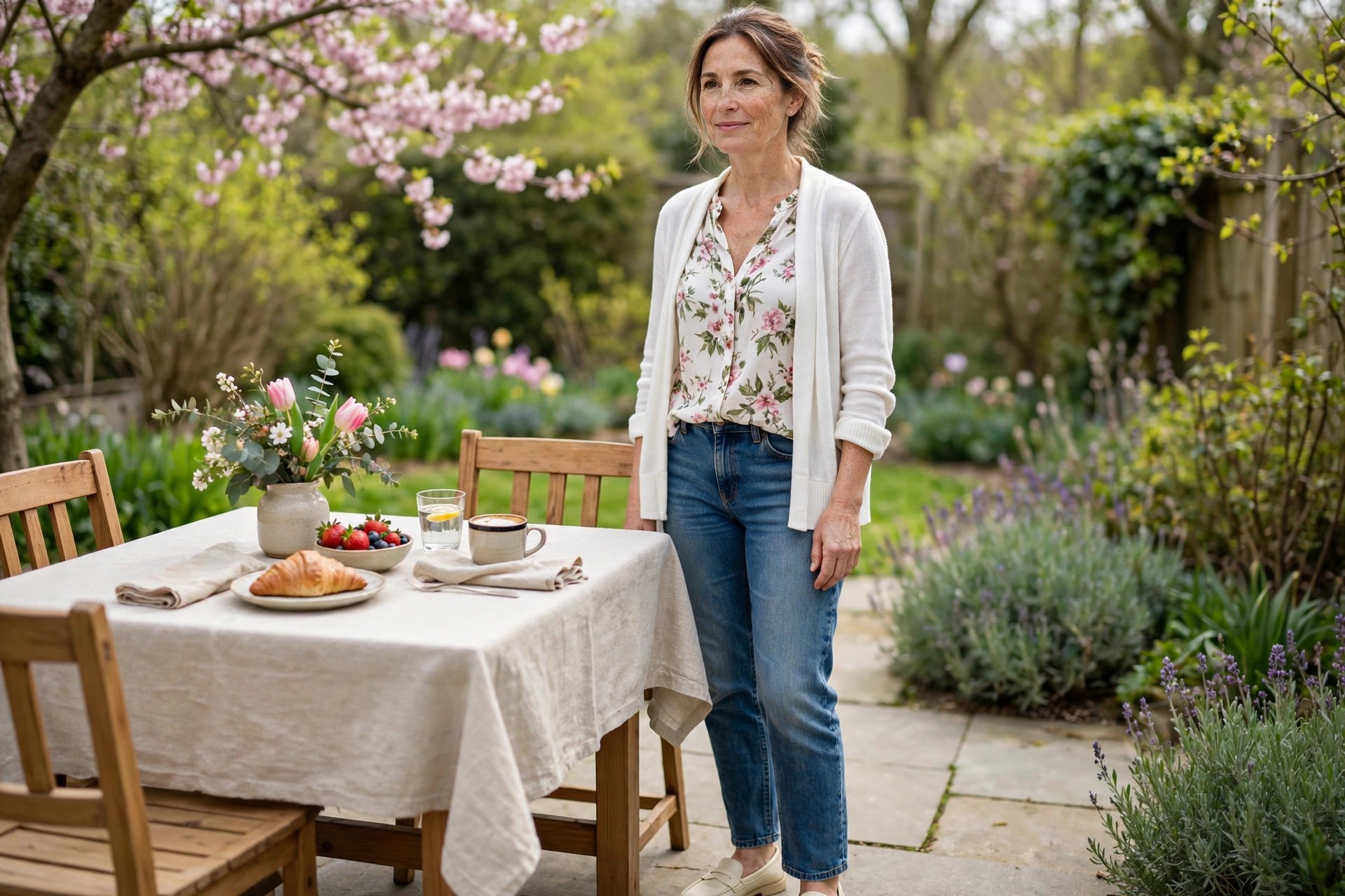 Woman in medium wash jeans, a white floral blouse, a white light cardigan, and cream loafers beside a garden brunch table.