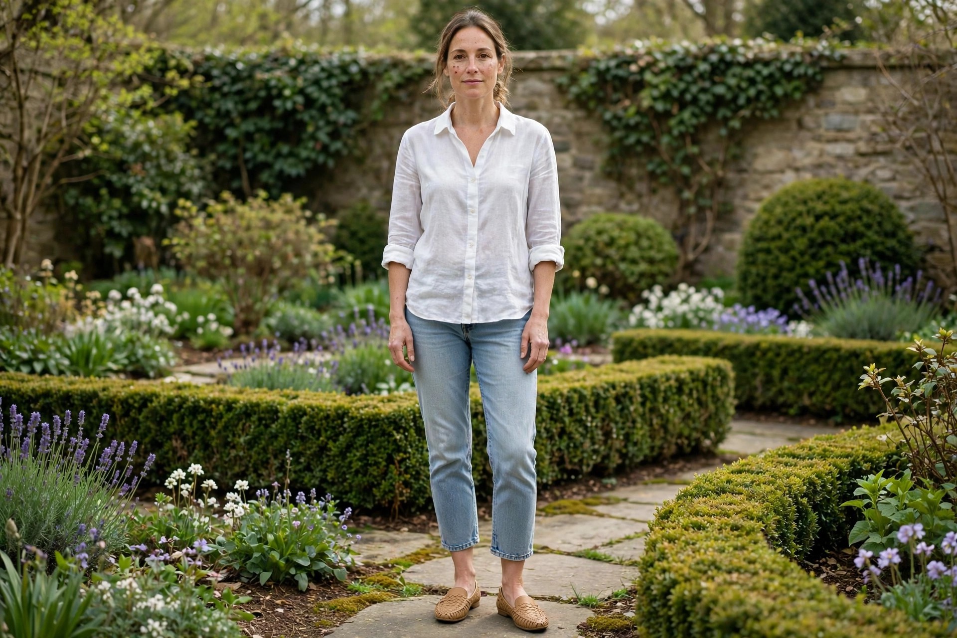 Woman in light wash cropped straight-leg jeans, a white linen shirt with rolled sleeves, and tan woven loafers in a spring garden.