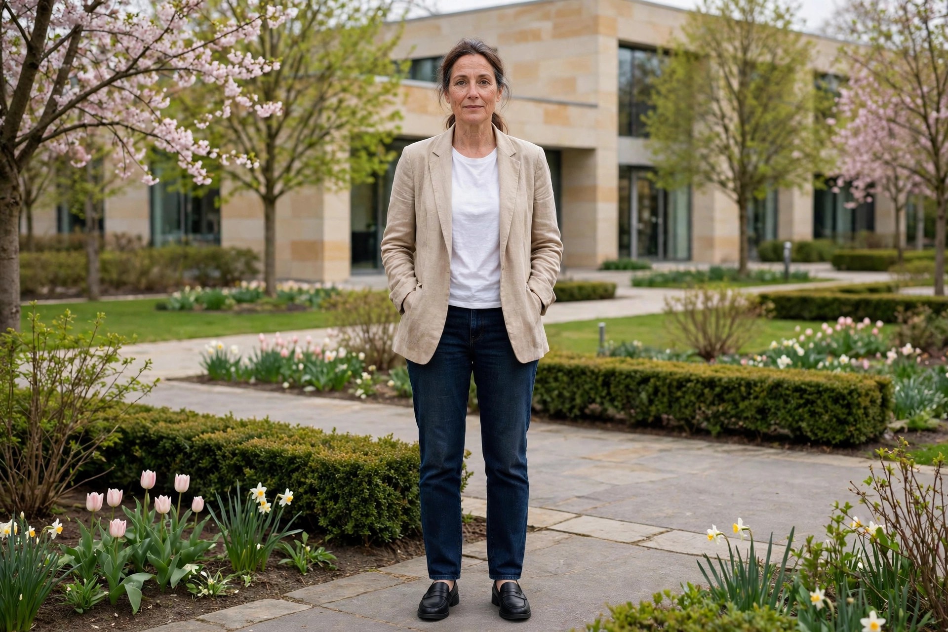 Woman in dark straight-leg jeans, a white tee, a beige linen blazer, and black loafers outside an office building in spring.