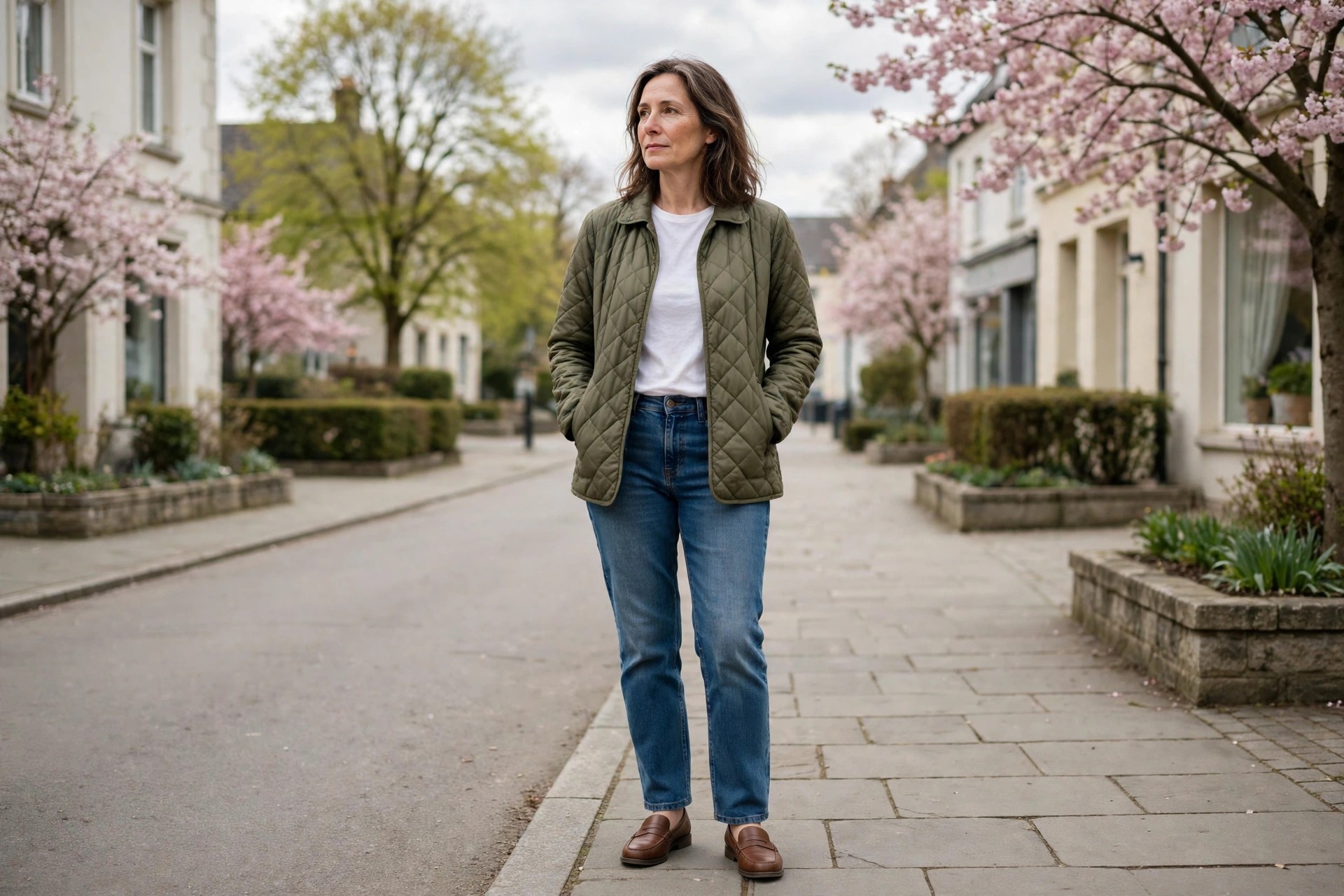 Woman in medium wash jeans, a white long sleeve tee, an olive light quilted jacket, and brown loafers on a town pavement.