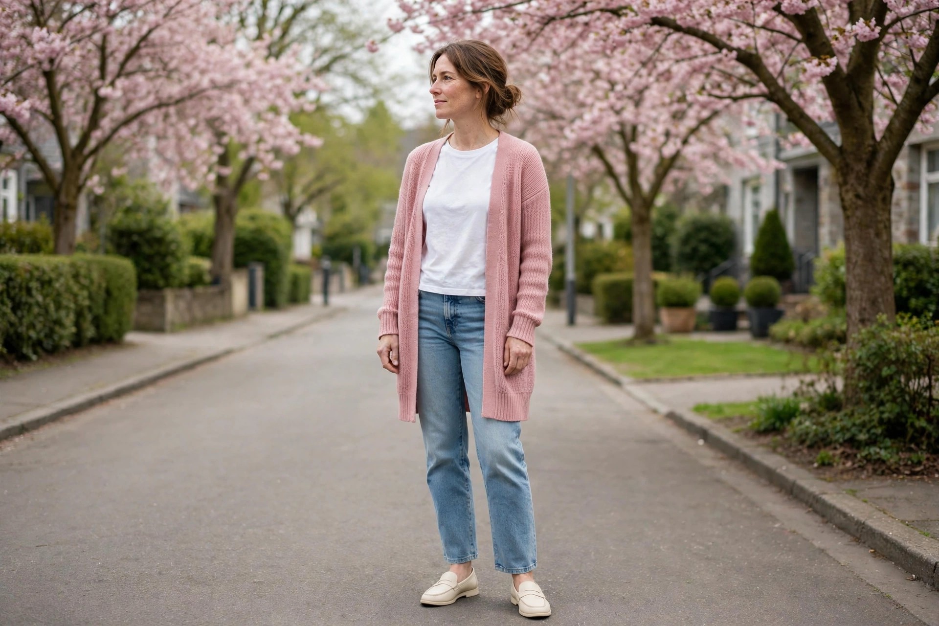 Woman in light wash straight-leg jeans, a white tee, a long soft pink cardigan, and cream loafers on a blossom street.