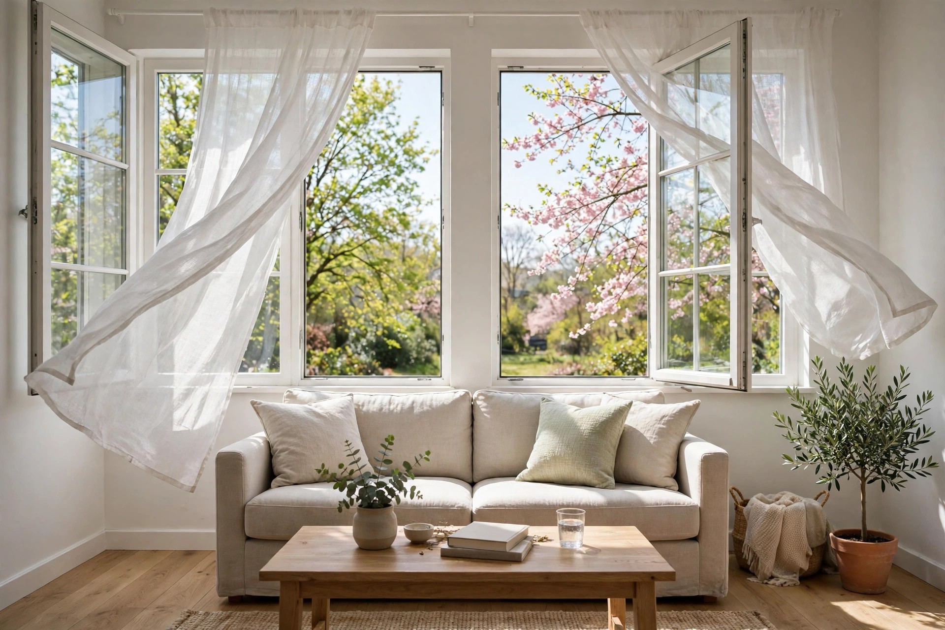 Small living room with windows open and sheer curtains blowing in spring air above a beige sofa