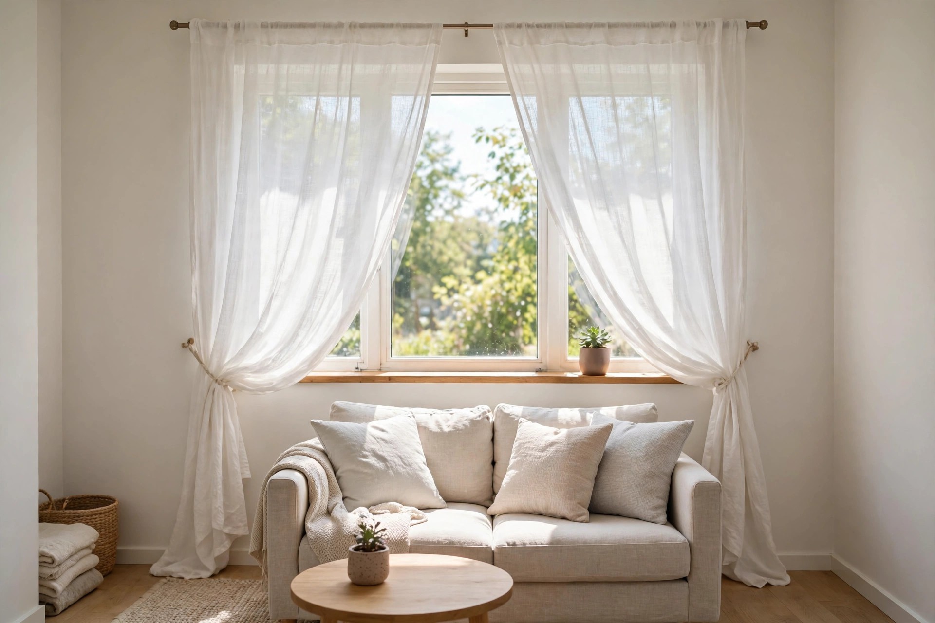 Sheer white curtains pulled wide to the sides of a sunny window above a small beige sofa