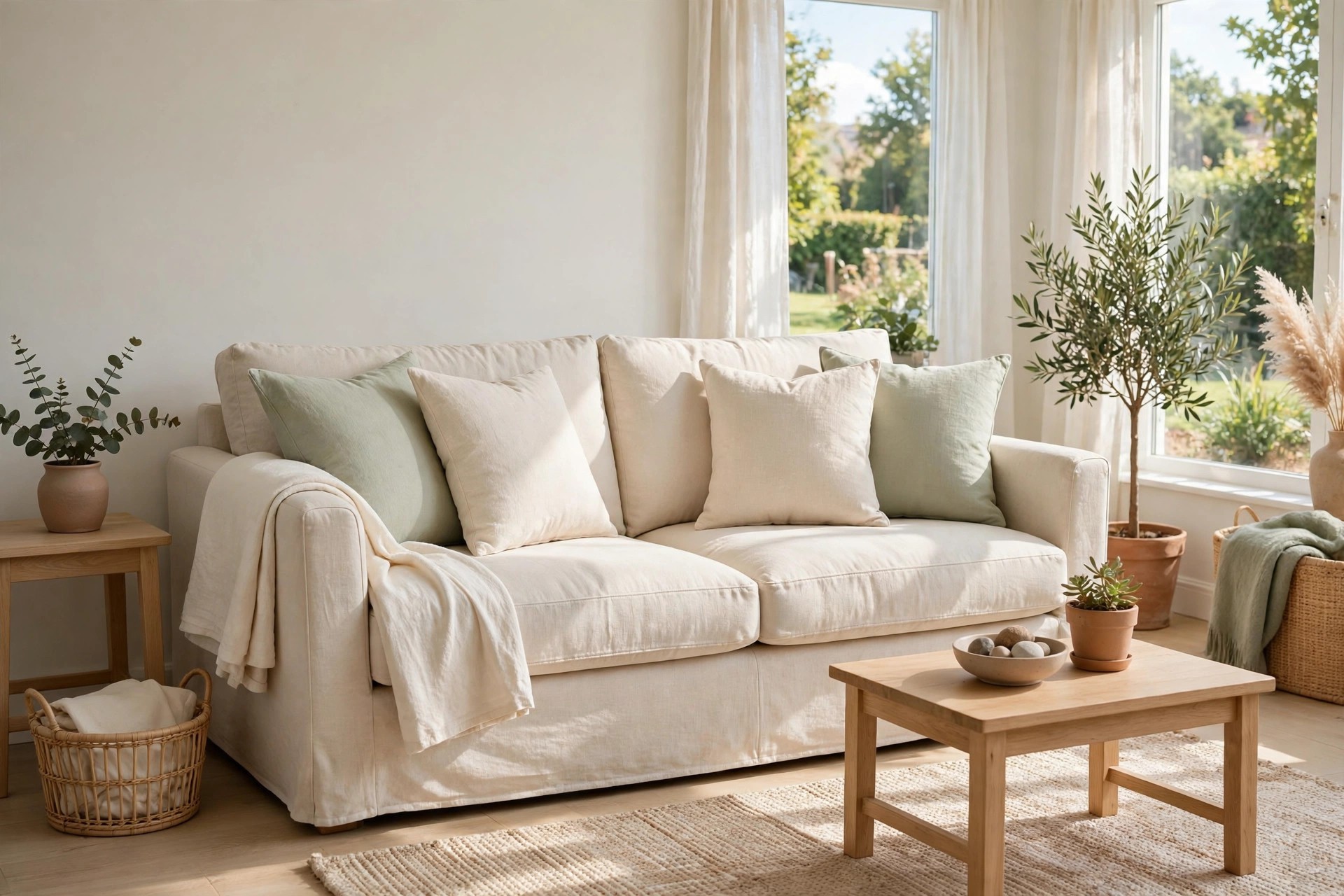 Beige sofa with pale sage and cream cushion covers and a light throw in bright daylight