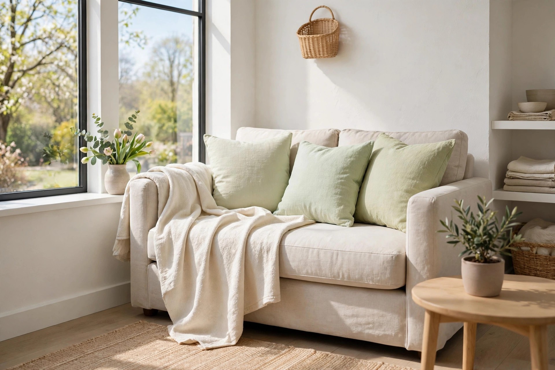 Cream cotton throw draped over the arm and seat of a beige sofa with pale green cushions
