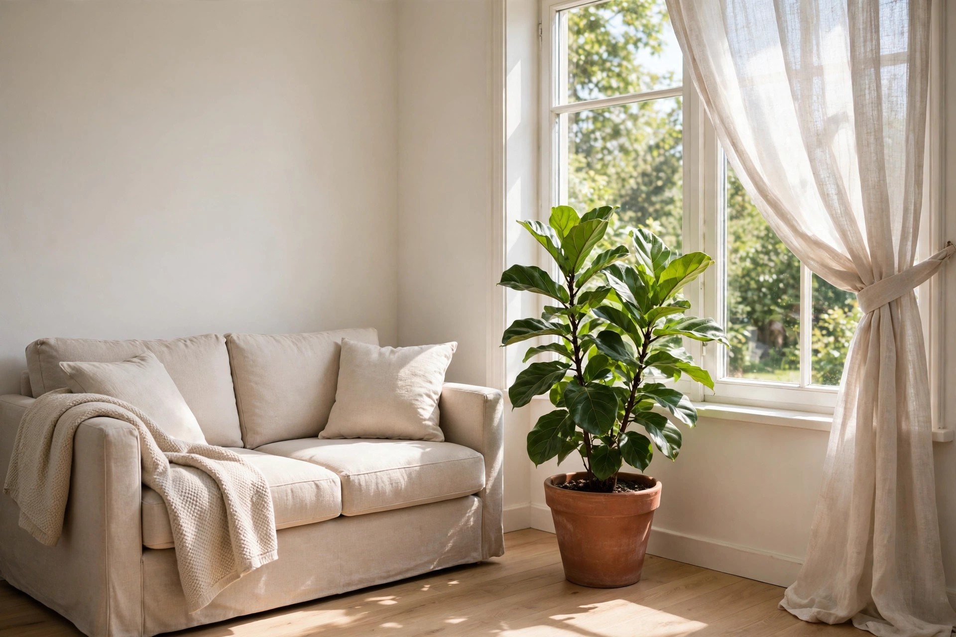 Large green potted plant in a terracotta pot beside a sunny window next to a beige sofa