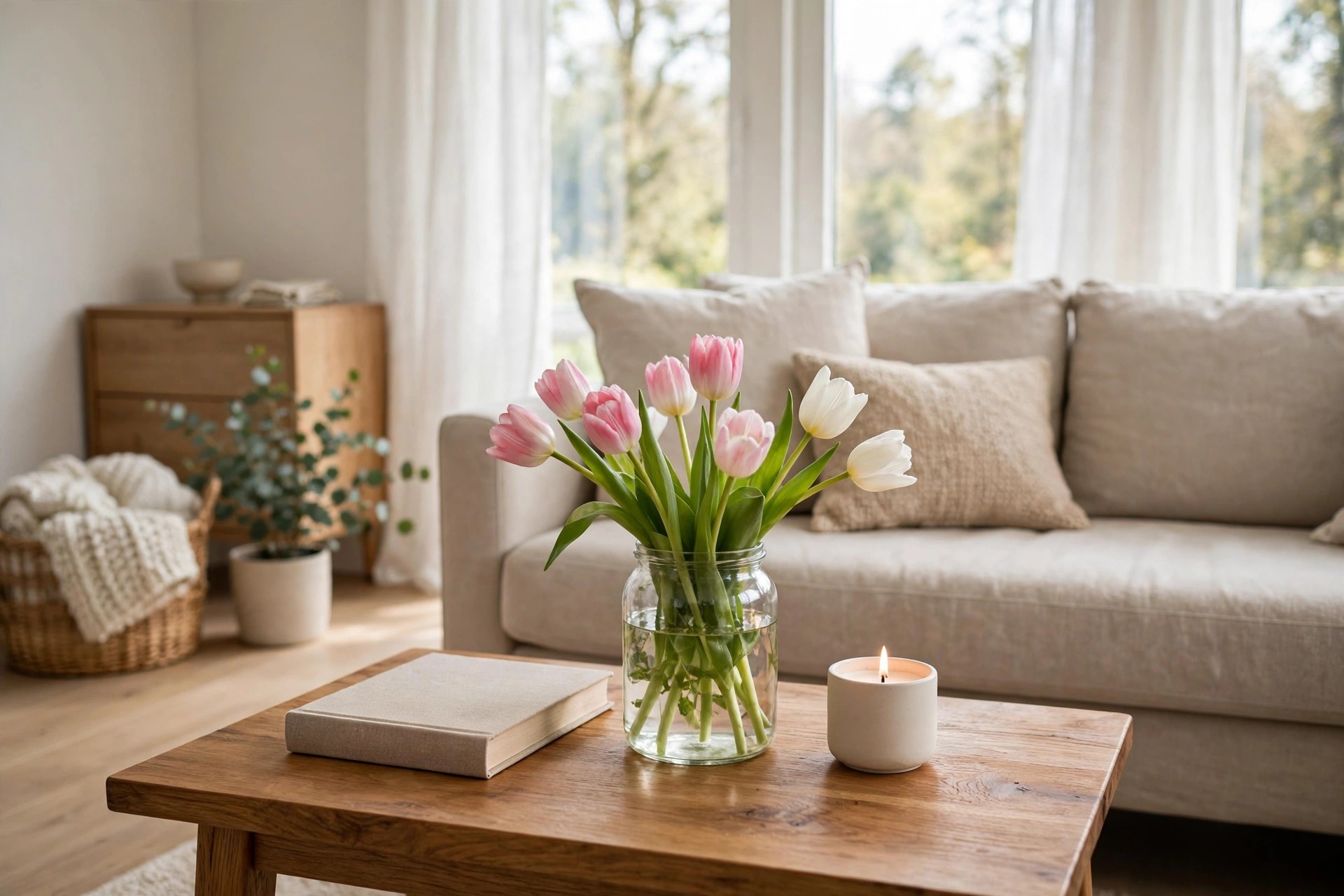 Glass jar of pink and white tulips on a wooden coffee table with a book and a candle