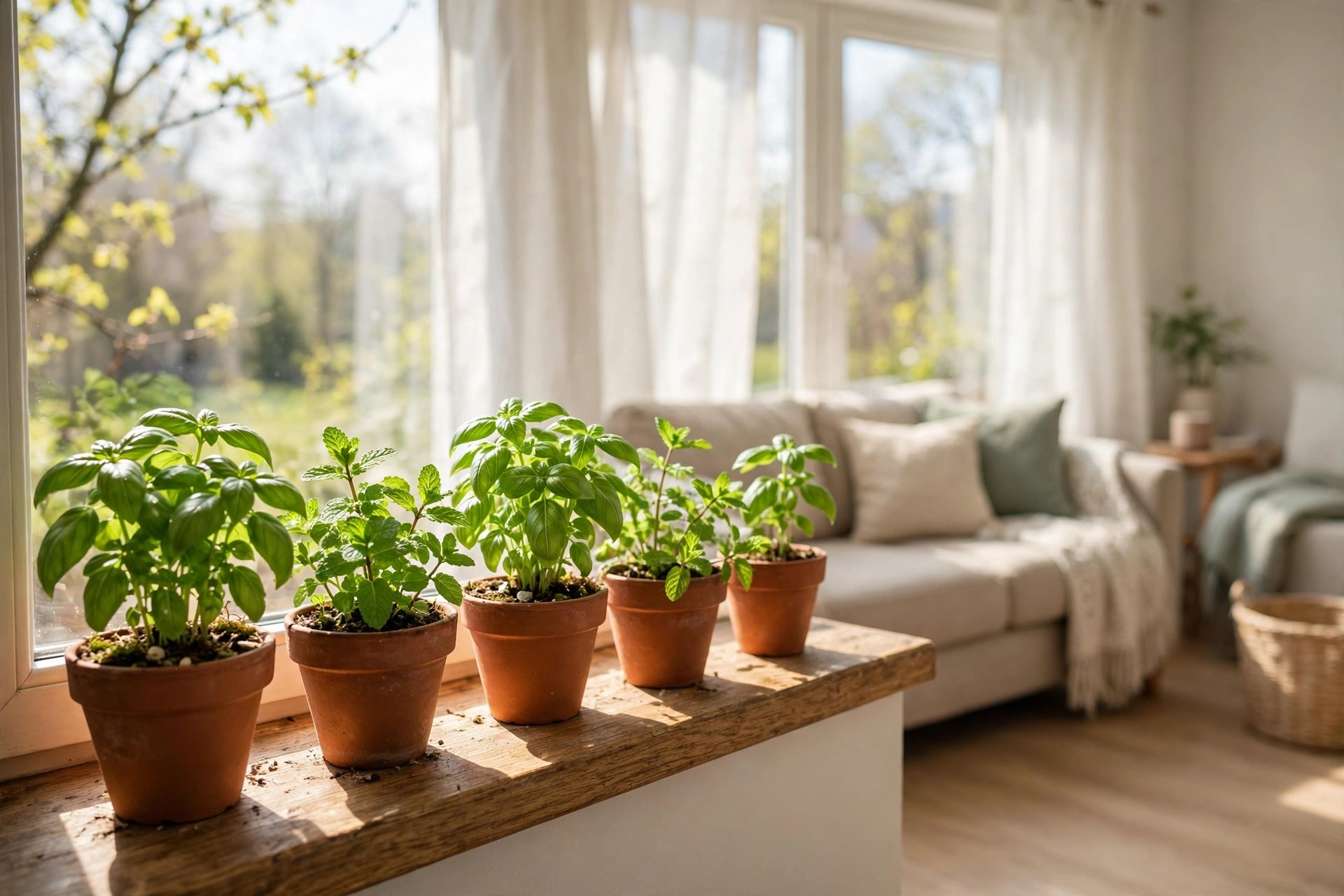 Terracotta pots of basil and mint herbs on a wooden windowsill in spring sunlight