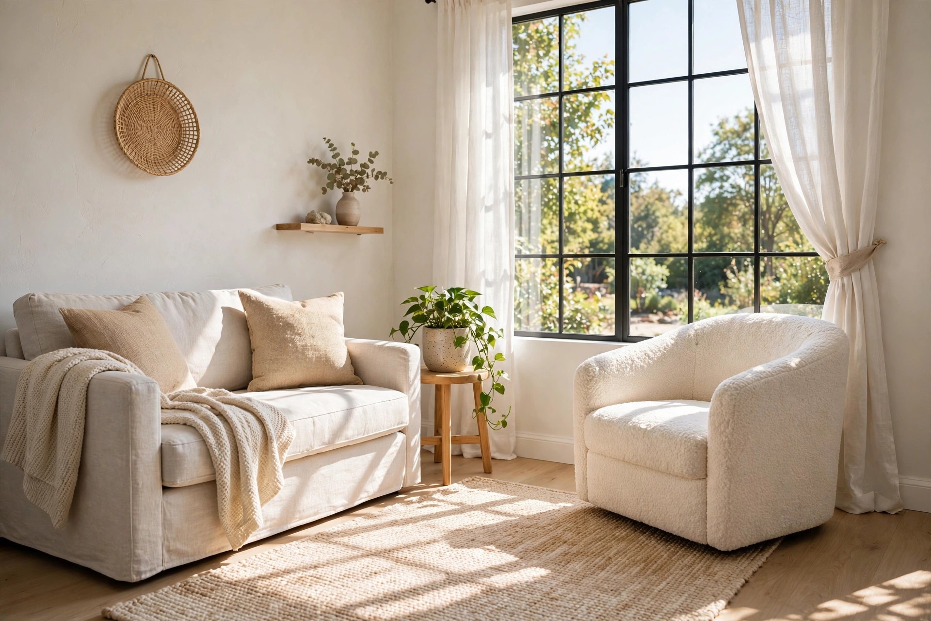 Beige sofa and cream armchair angled toward a large sunny window over a light rug