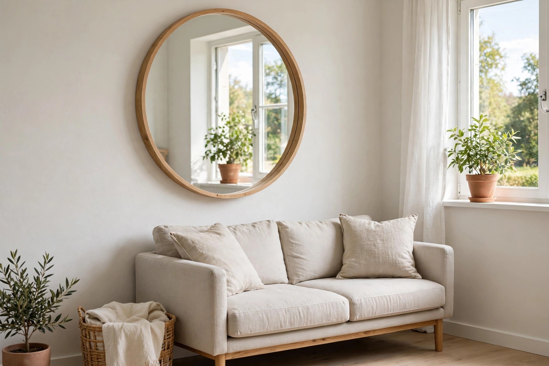 Large round wood-framed mirror on a wall above a beige sofa, reflecting a bright window