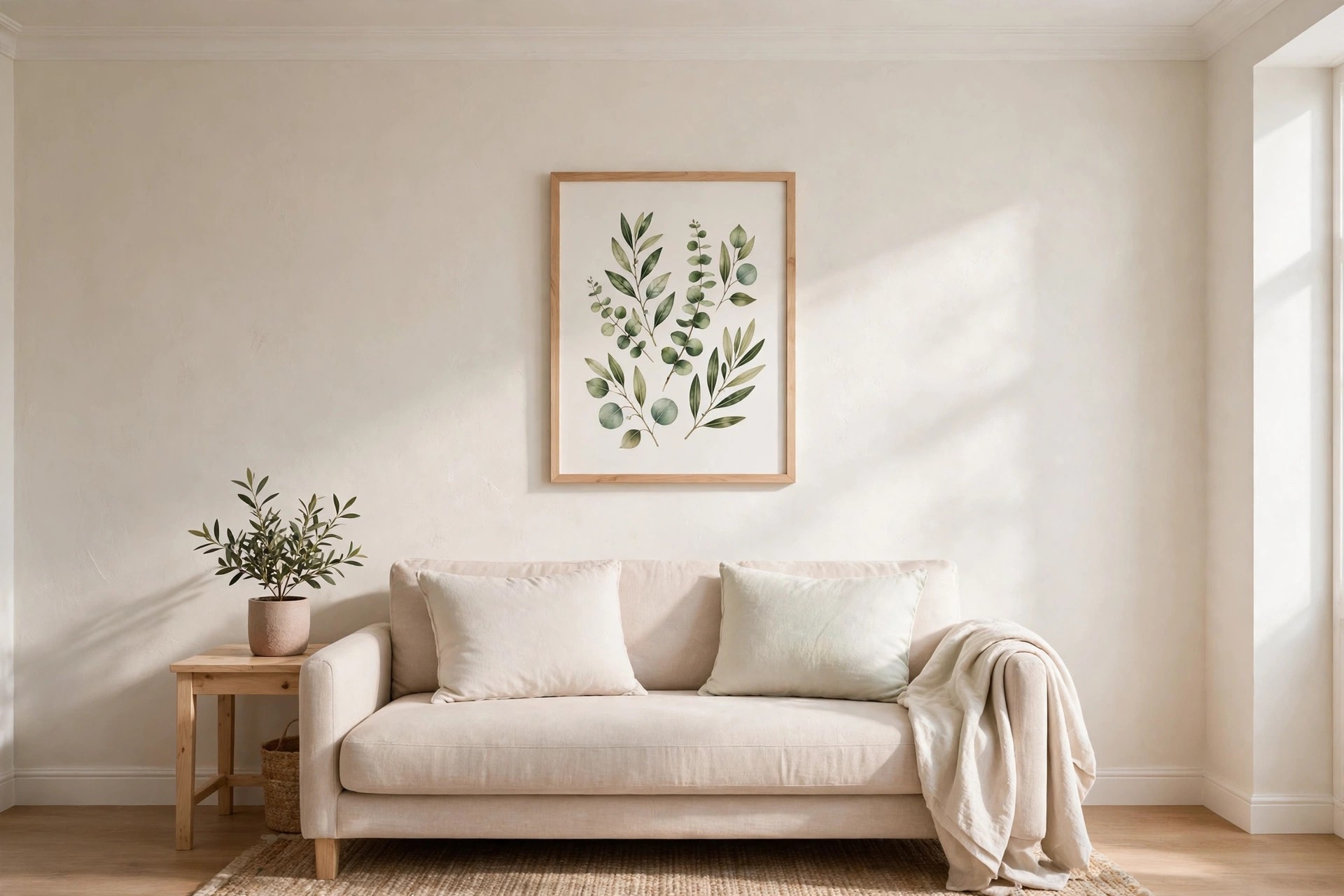 Framed botanical print of green leaves above a beige sofa with a small plant on a side table