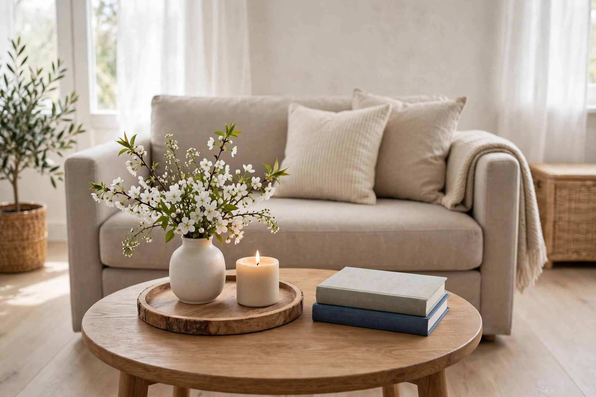 Round wooden tray on a coffee table holding a vase of white blossoms, a candle and two books