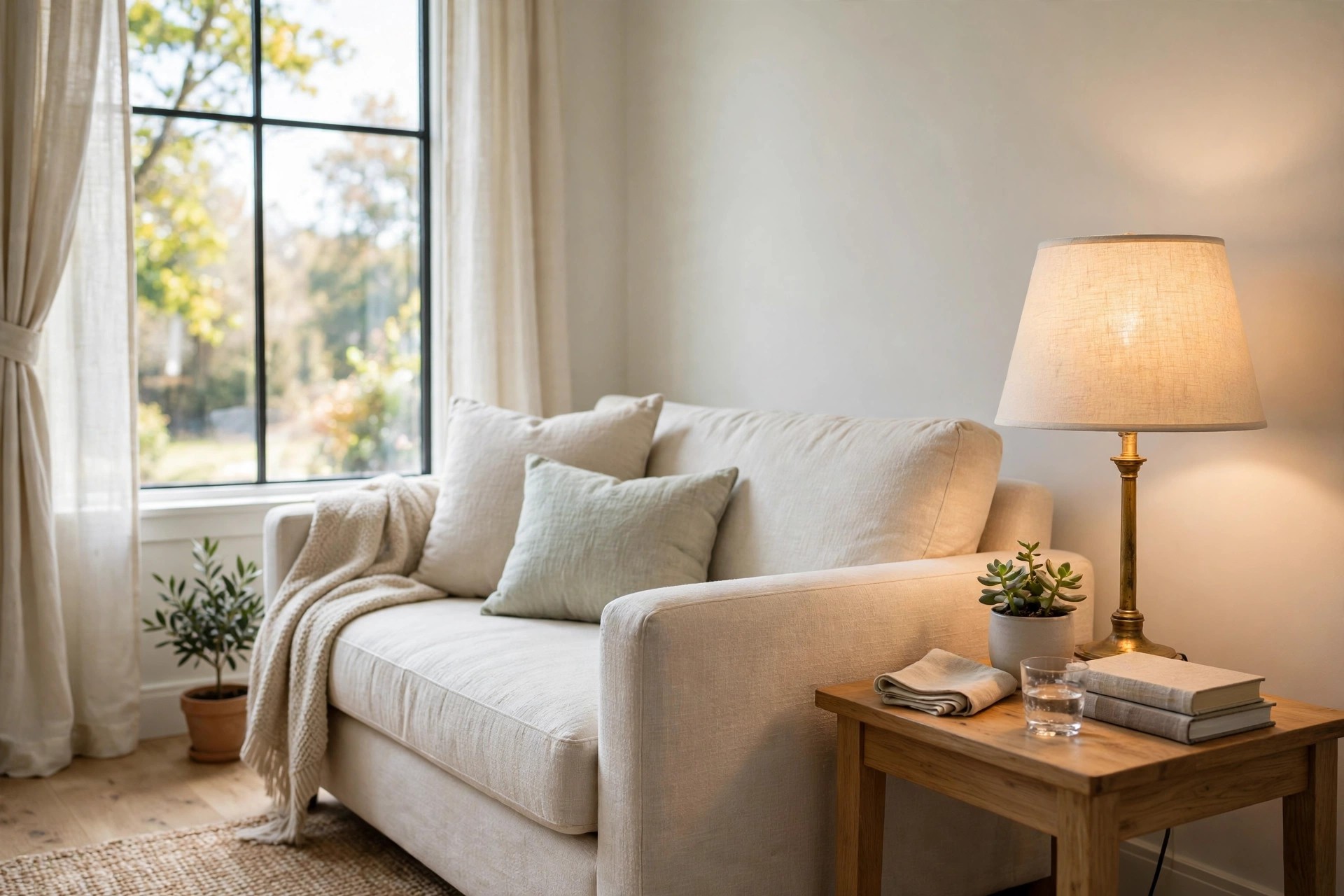 Table lamp with a light cream linen shade glowing beside a beige sofa in daylight