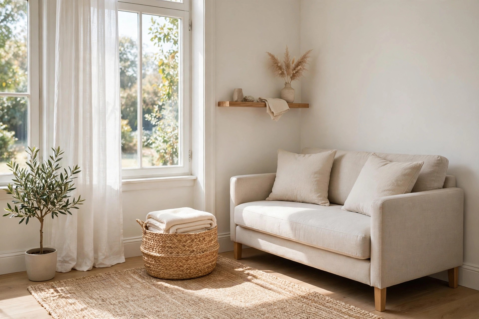 Woven basket holding folded cream throws beside a beige sofa near a sheer-curtained window