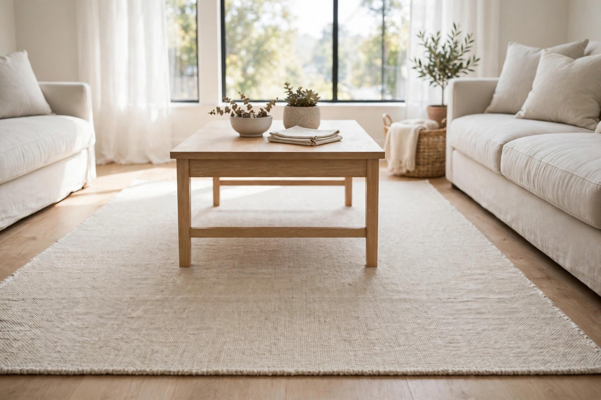 Light beige flatweave rug under a wooden coffee table between two pale sofas