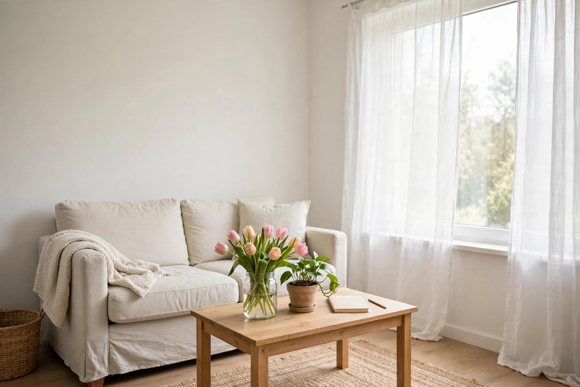 Small living room coffee table with a jar of tulips, a potted plant, a notebook and a pencil