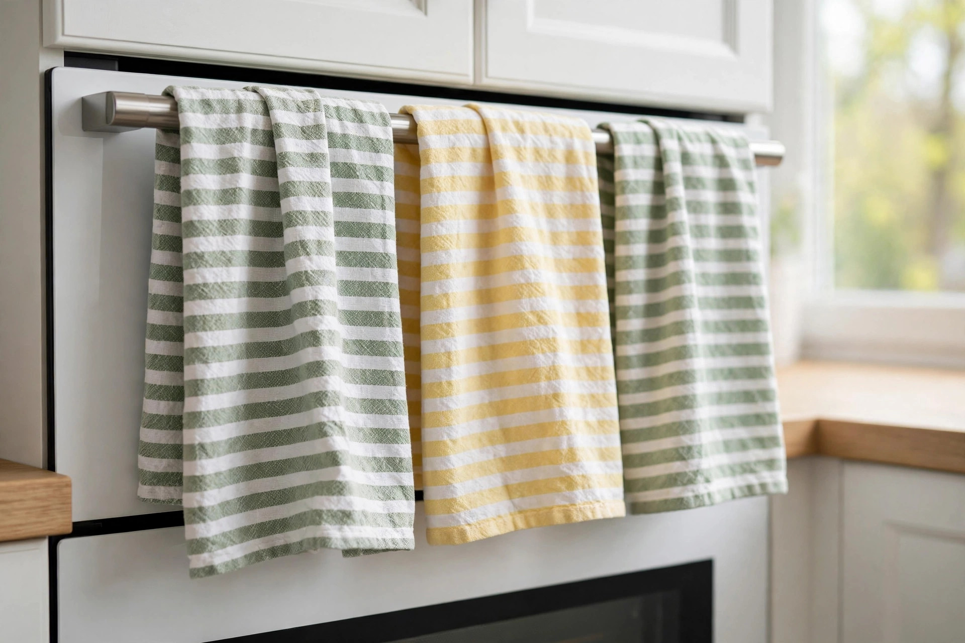 Striped sage green and butter yellow dish towels hanging on an oven rail in a small white kitchen