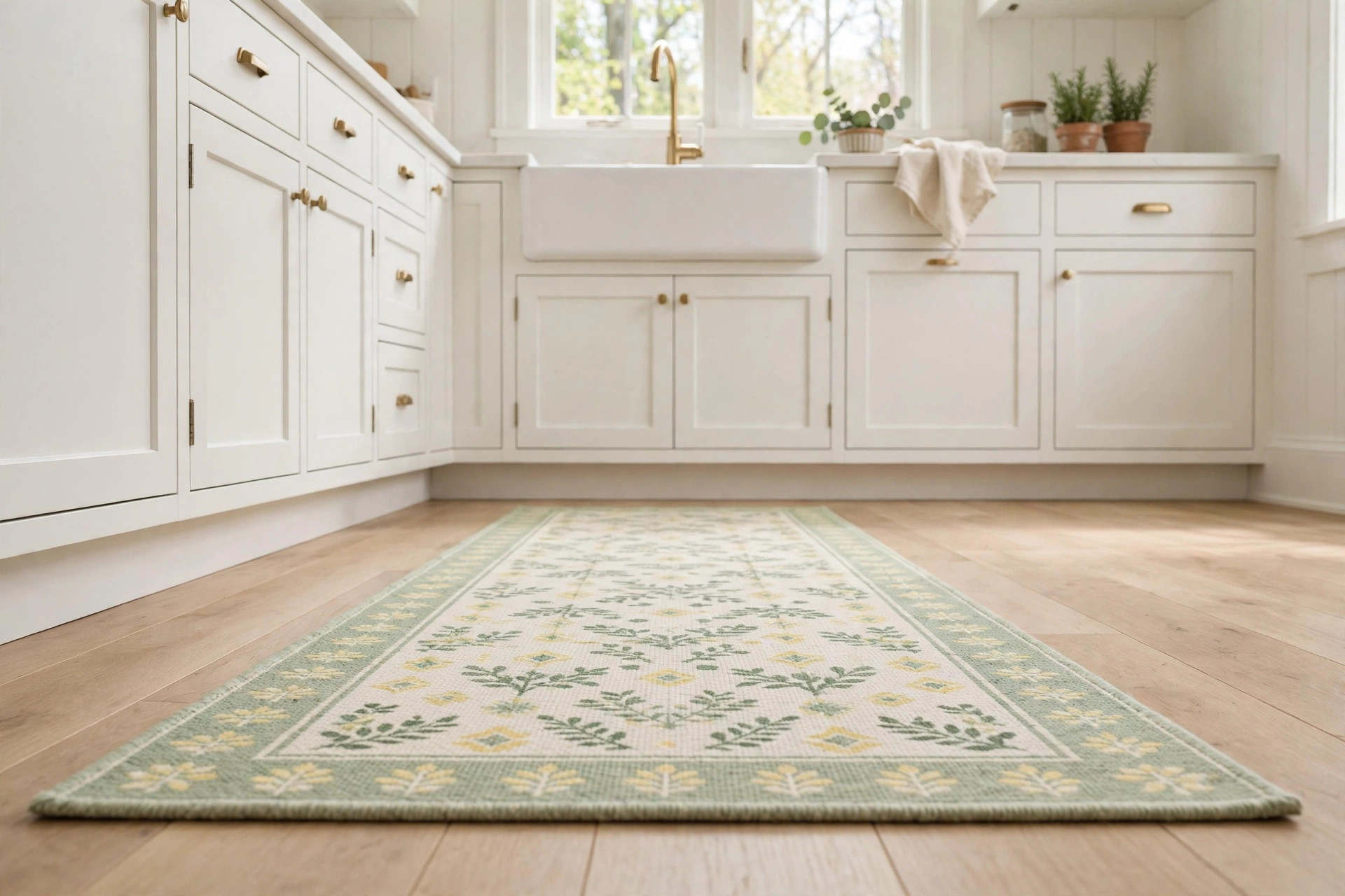 Sage green, cream and pale yellow patterned washable runner rug in front of white cabinets and a farmhouse sink