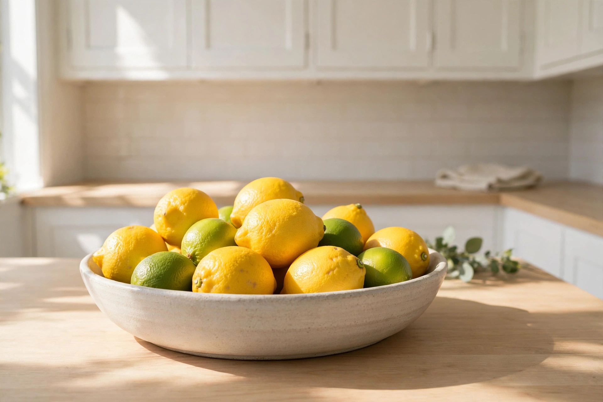 Ceramic bowl of lemons and limes on a light wood counter in a sunny small kitchen