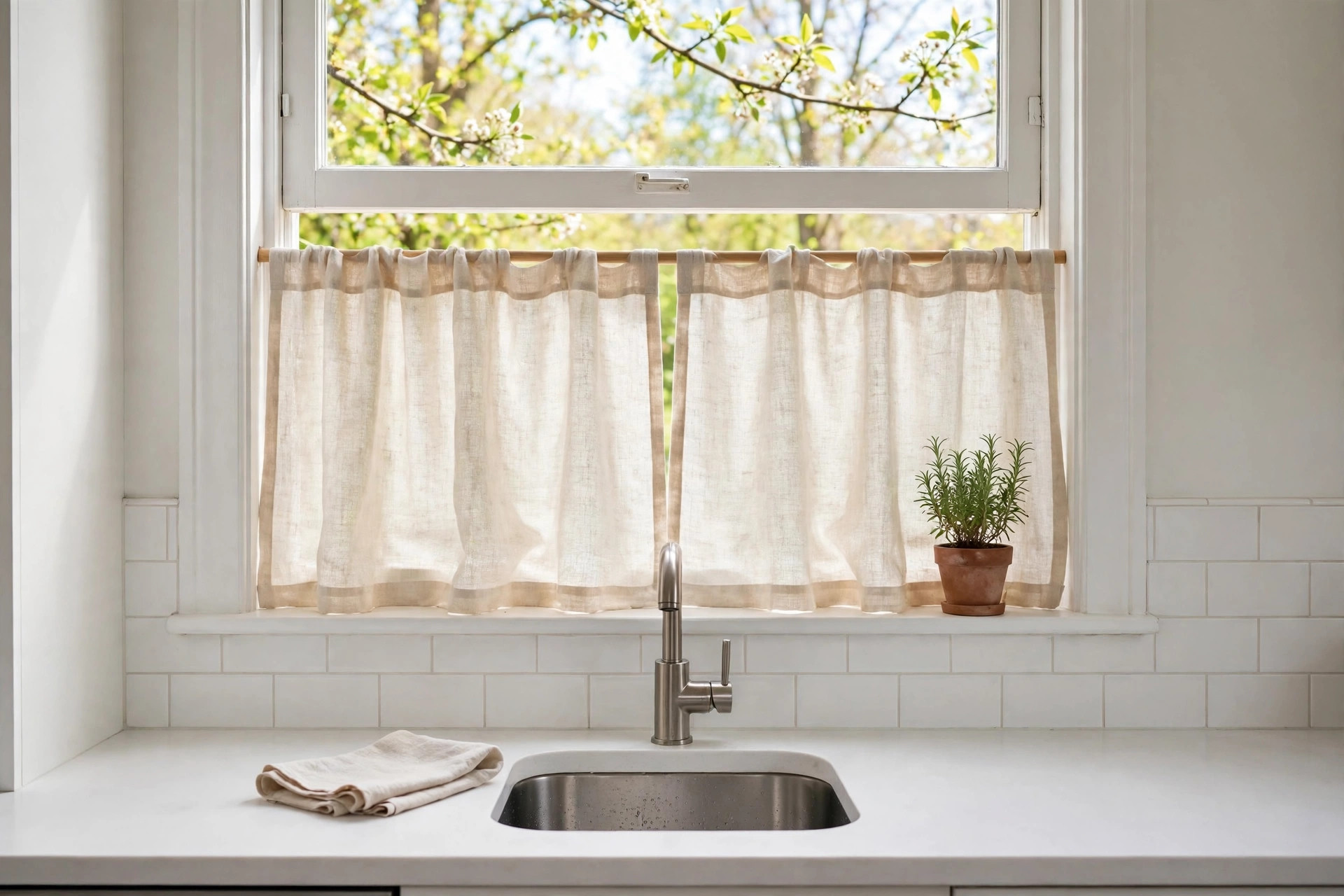 Natural linen cafe curtains on the lower half of a kitchen window above a sink with a potted rosemary plant on the sill