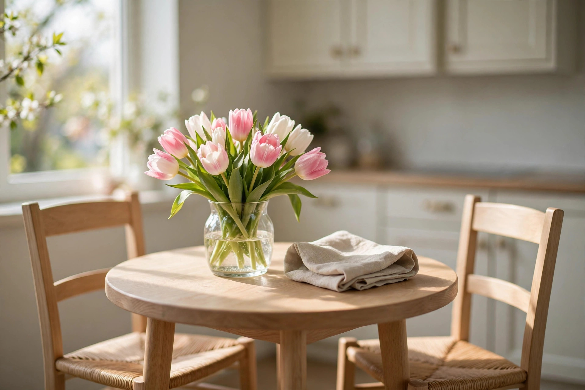 Glass vase of pink and white tulips on a small round wooden table with two chairs in a kitchen corner