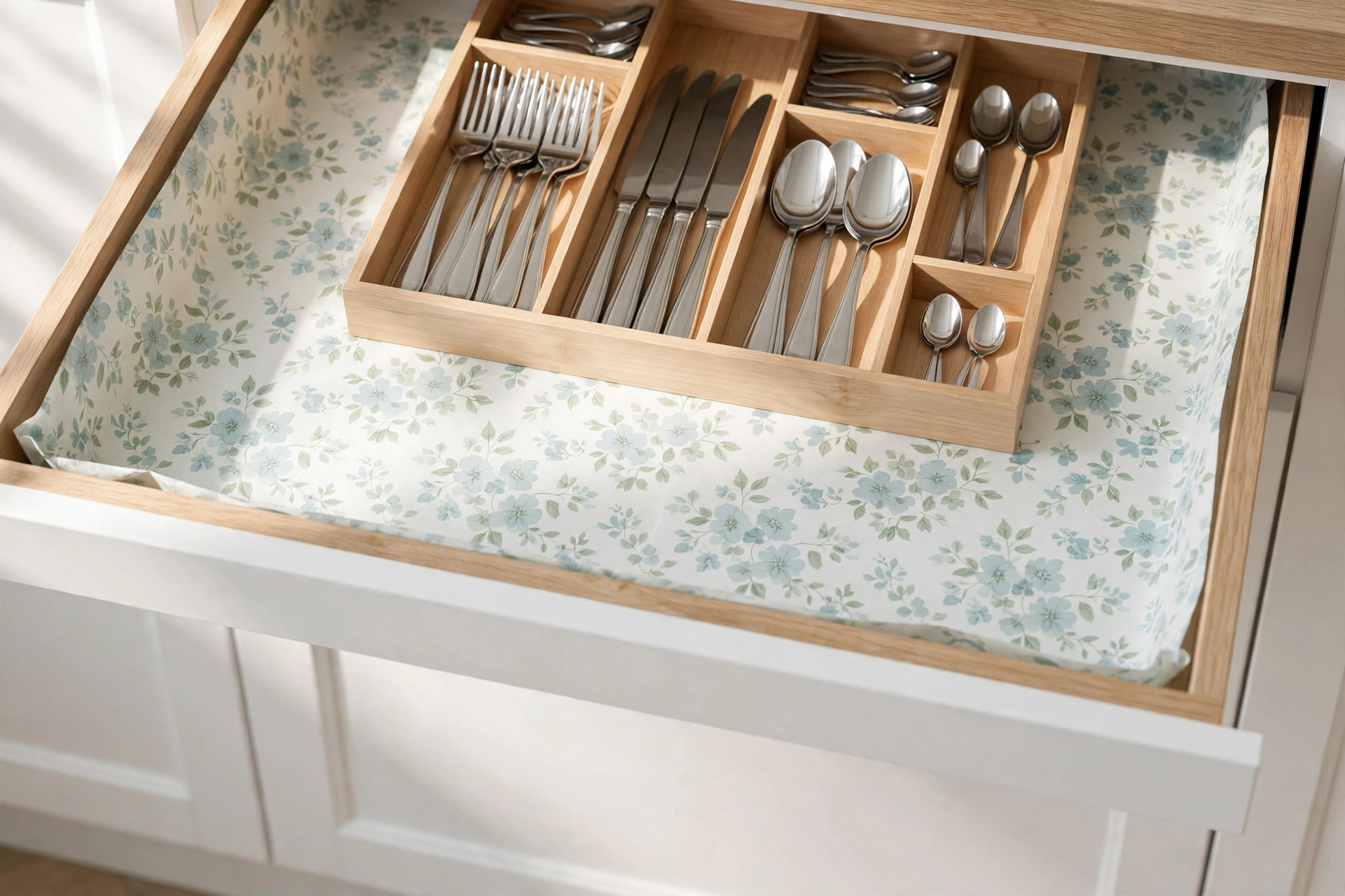 Open kitchen drawer lined with pale blue floral paper holding a wooden cutlery tray with forks, knives and spoons