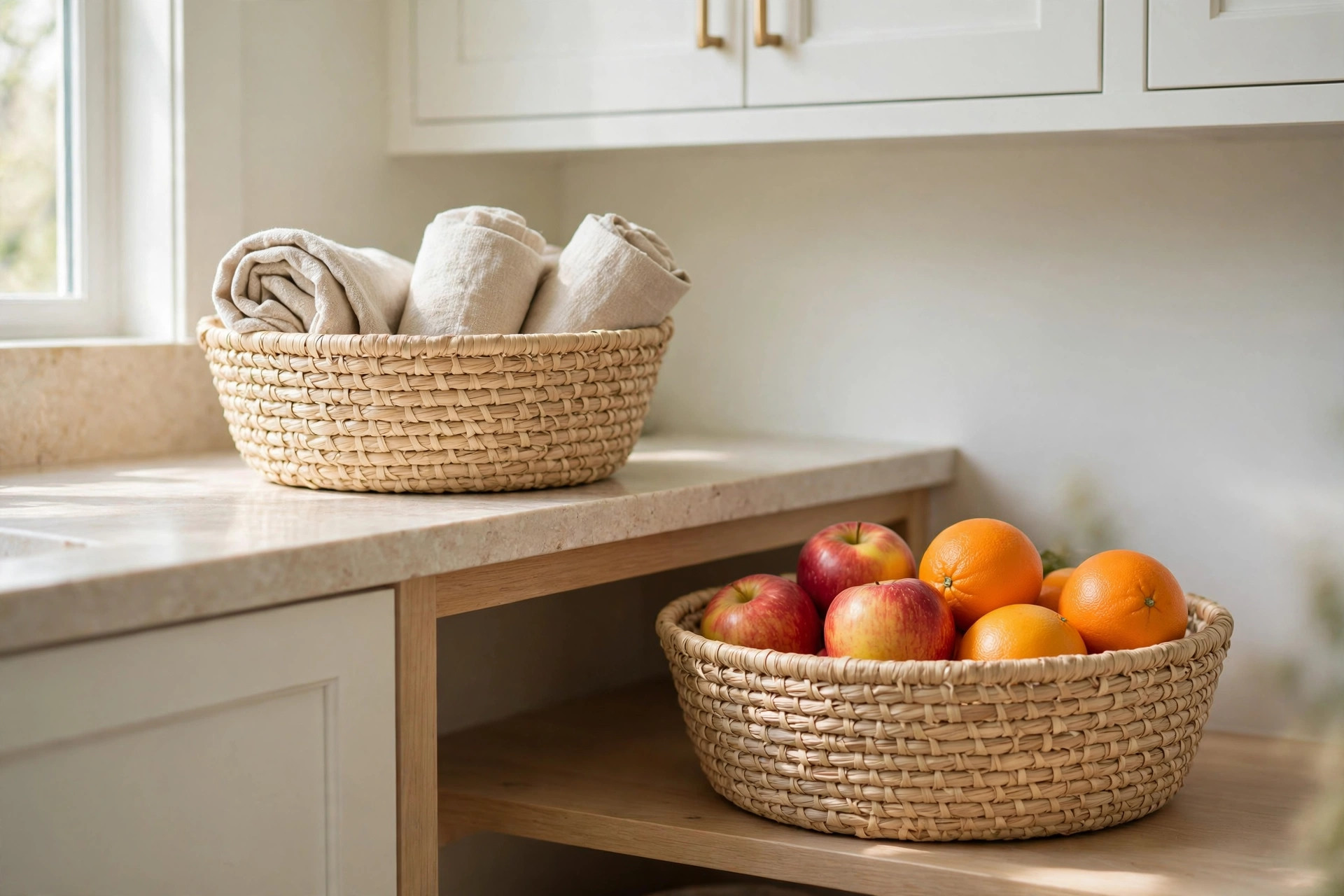 Two woven seagrass baskets, one holding rolled linen towels on a counter and one holding apples and oranges on a low shelf