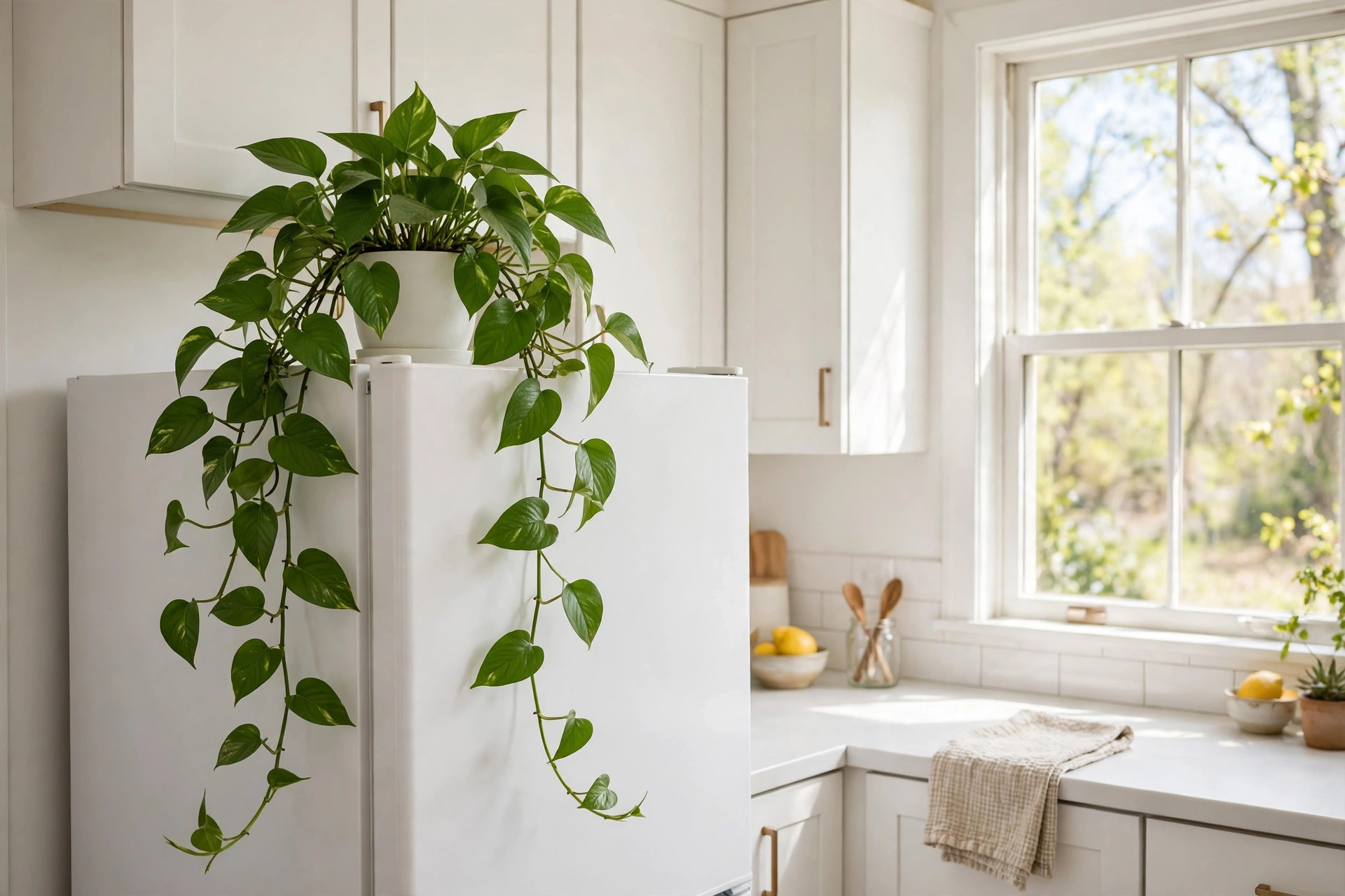 Trailing green pothos plant in a white pot on top of a white refrigerator beside a sunny kitchen window