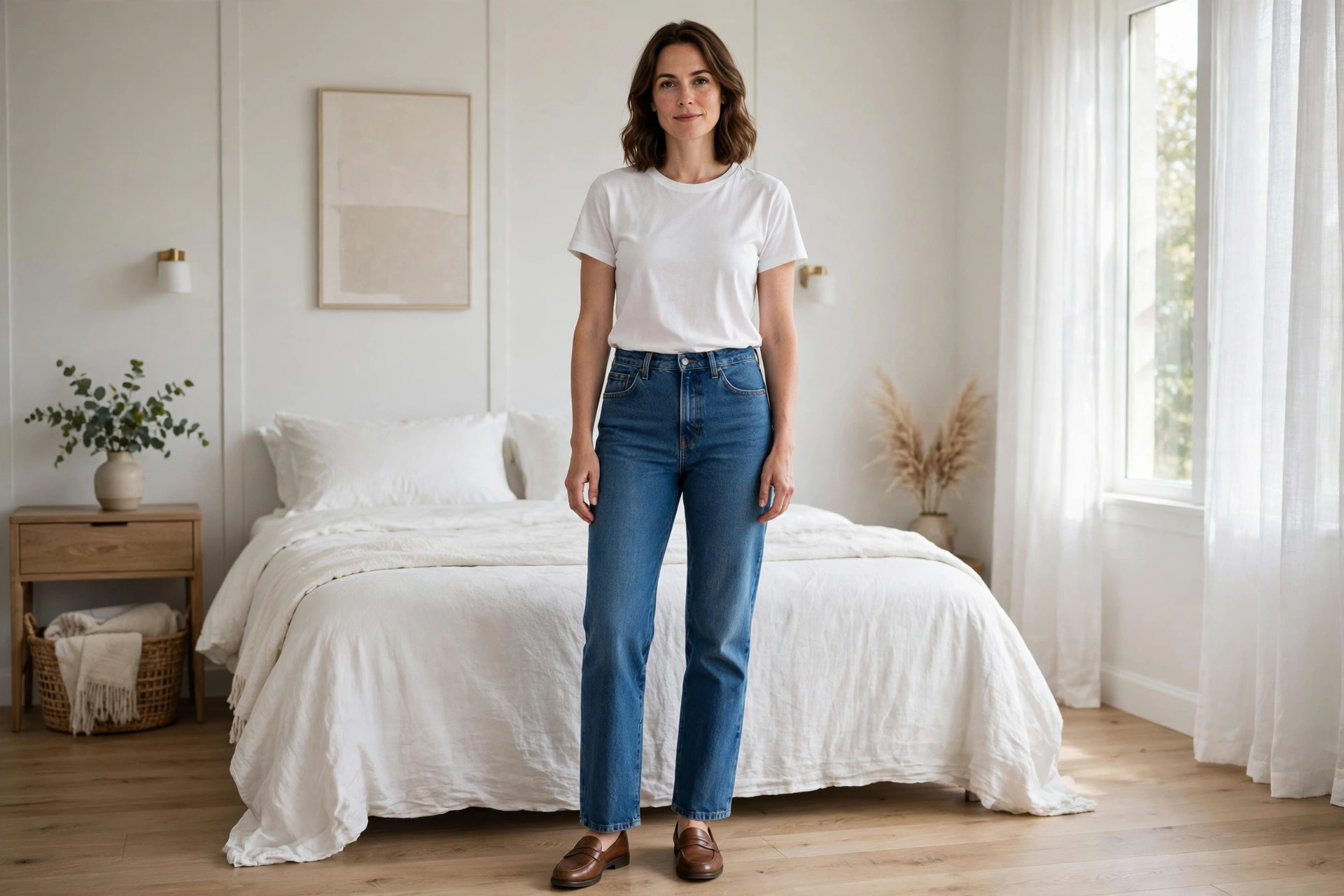 Woman in straight leg jeans with a white tee and loafers showing the even leg line