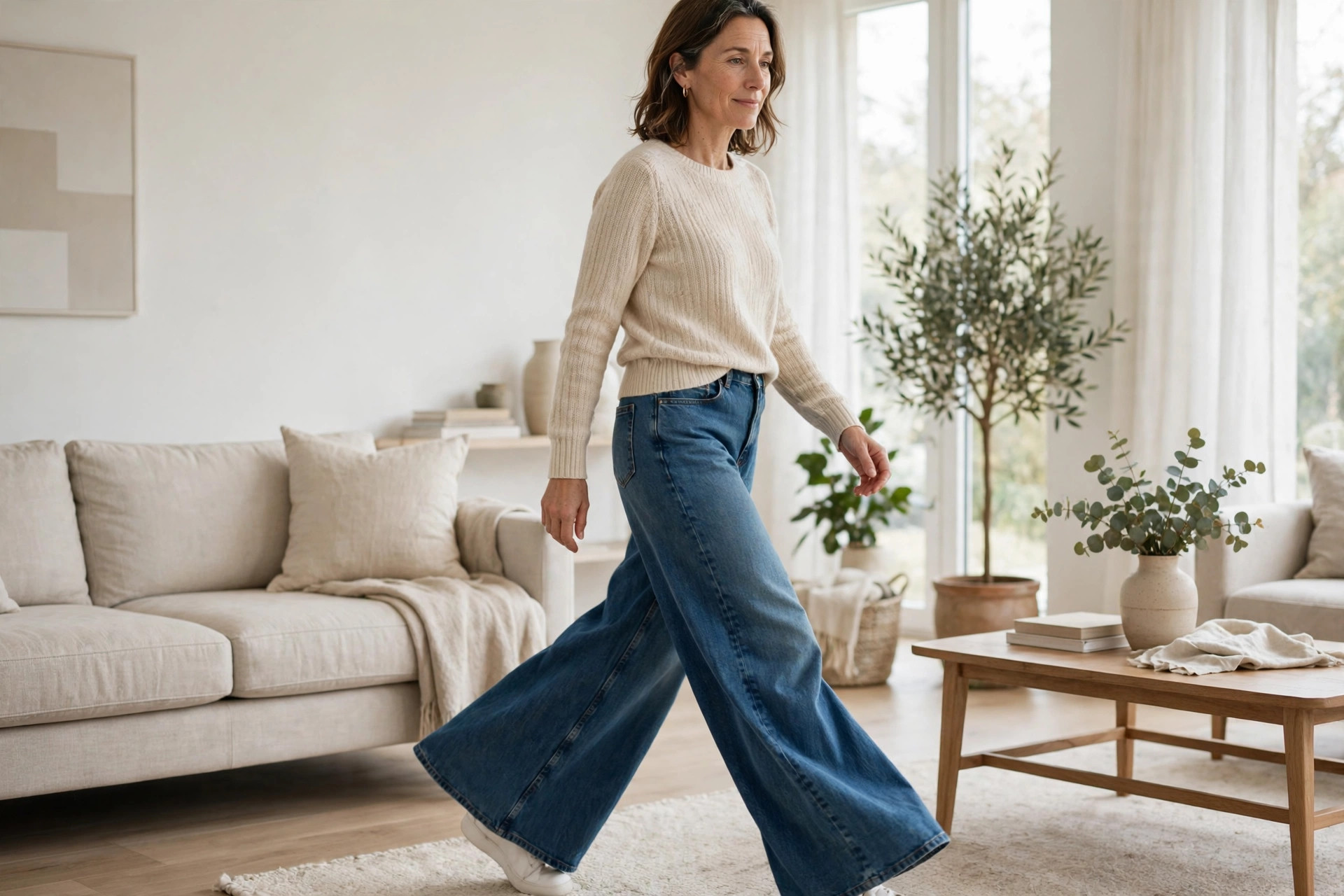 Woman walking in wide leg jeans with clear room through the thigh