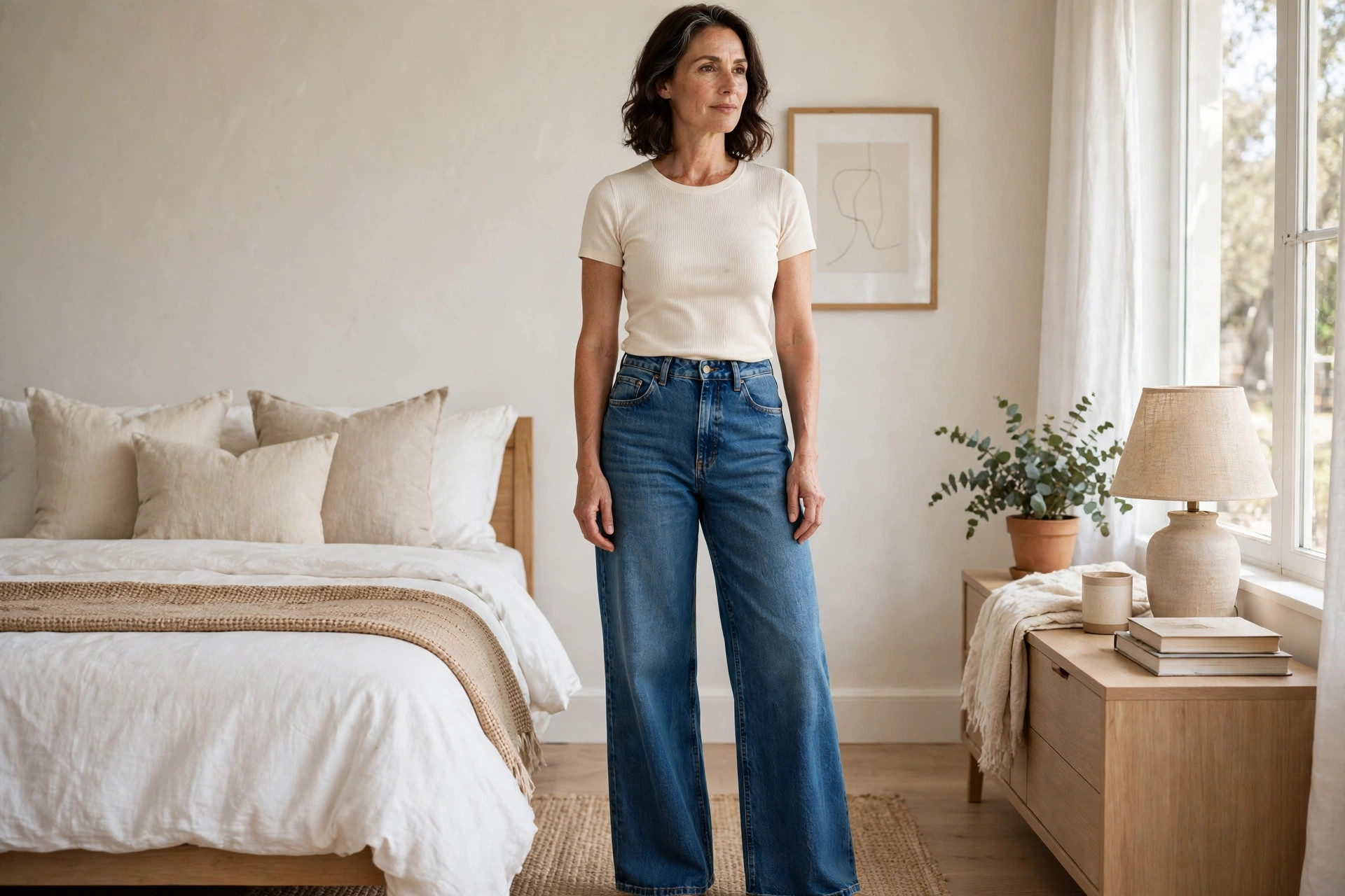 Woman in high rise wide leg jeans falling straight from the waist with a fitted cream top