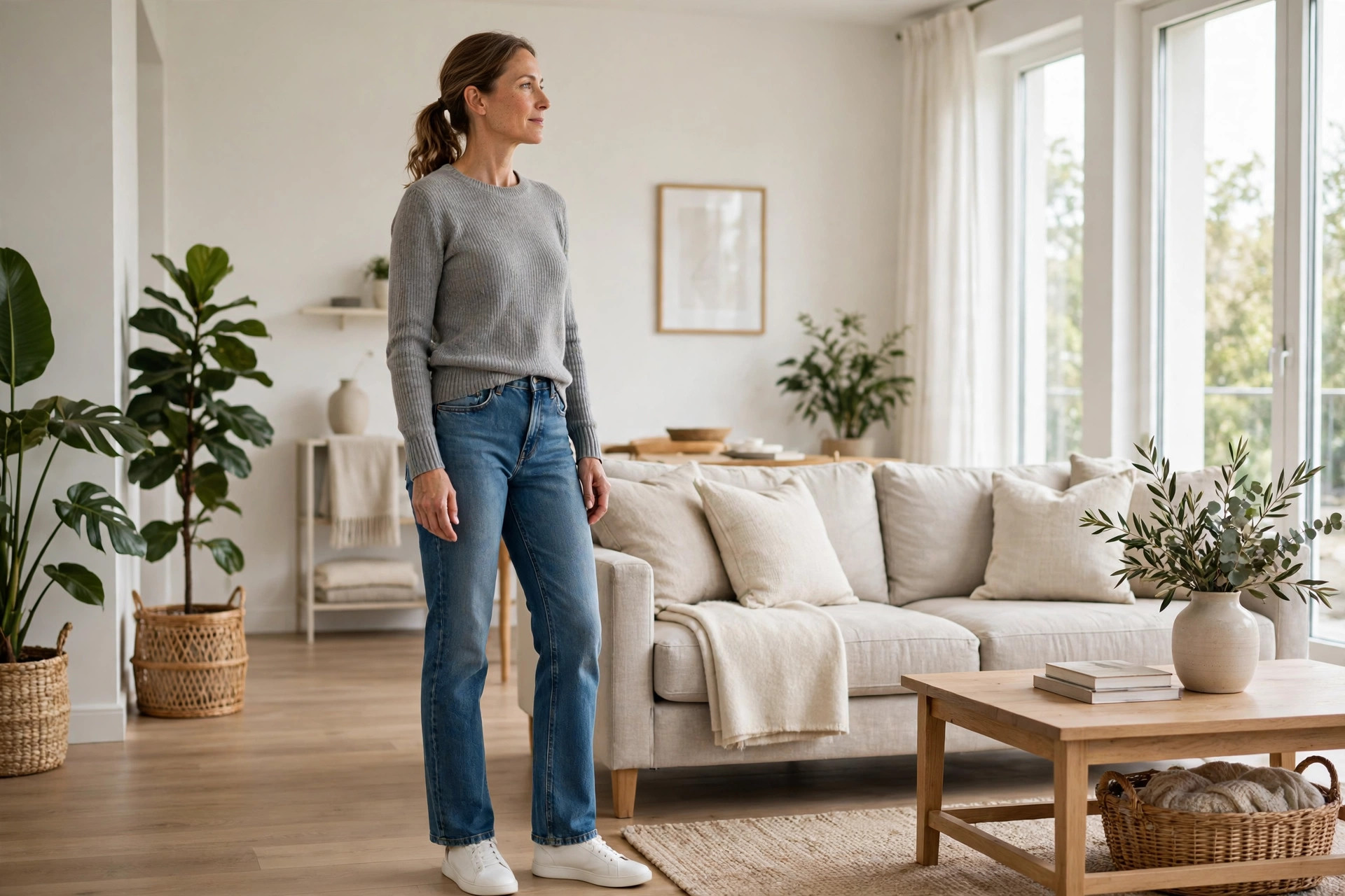Woman with a straighter frame in straight leg jeans and a gray sweater