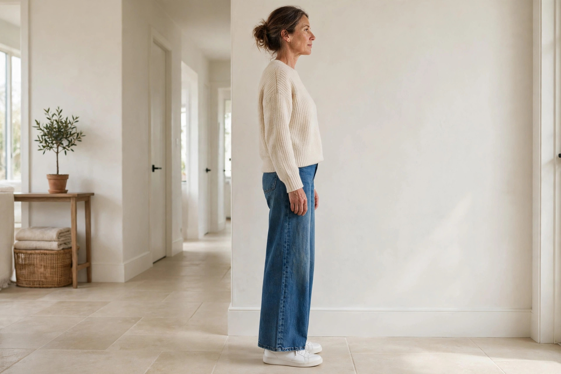 Side view of wide leg jeans hemmed to skim the top of a shoe without pooling