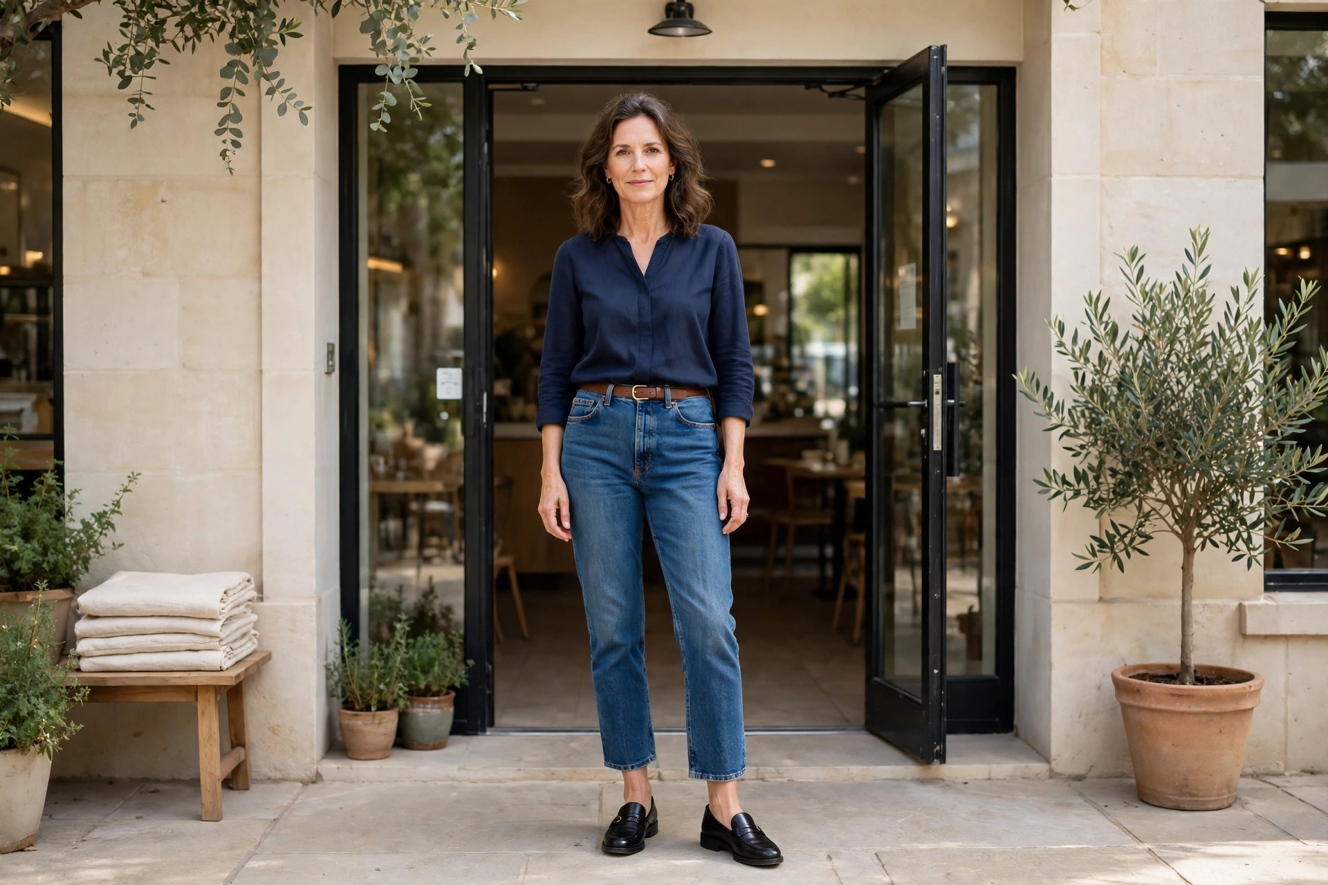 Woman in straight leg jeans ending at the ankle bone above black loafers at a cafe door