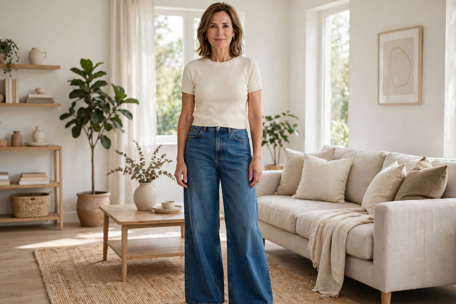 Woman balancing wide leg jeans with a fitted cream top ending at the waist