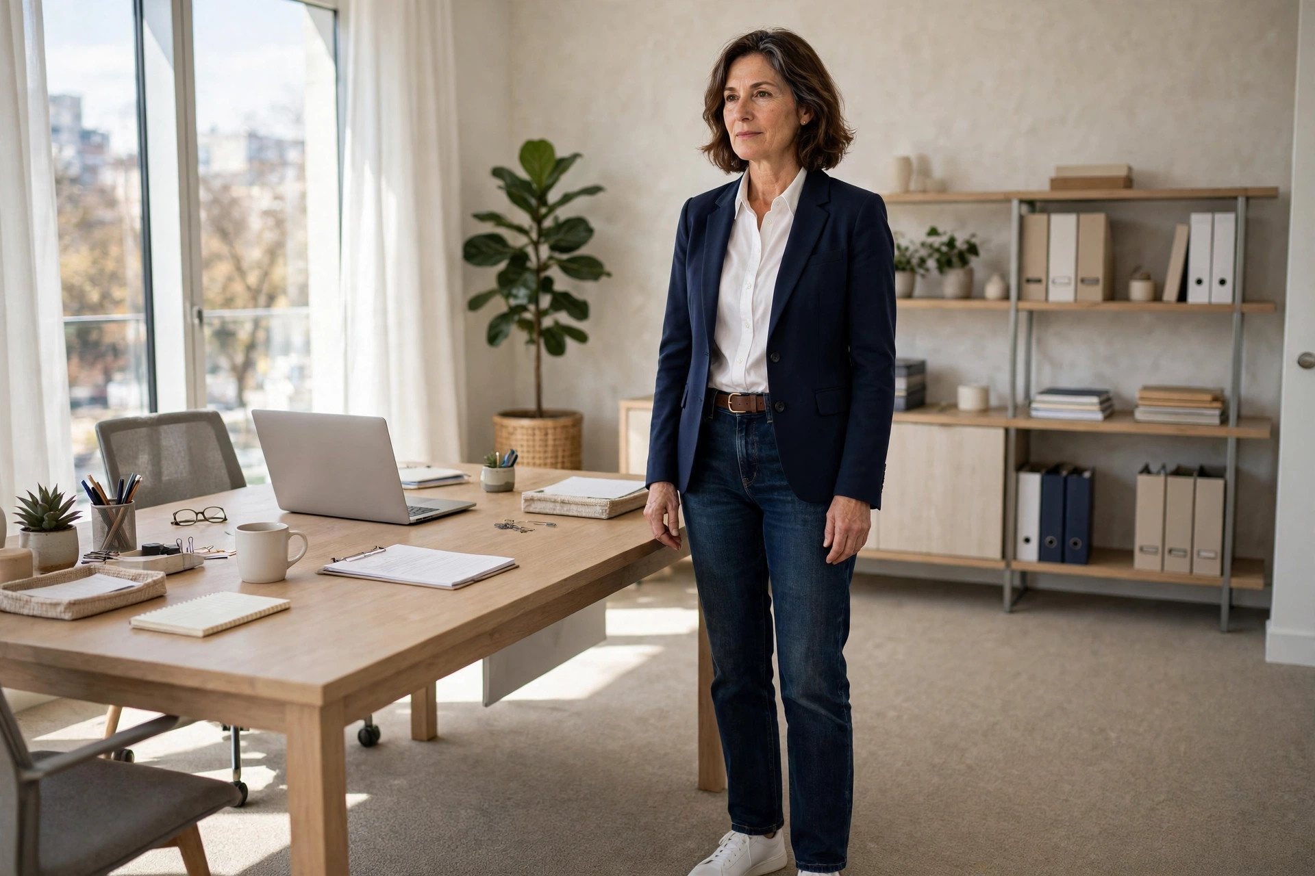Woman in dark straight leg jeans with a white shirt and navy blazer in an office
