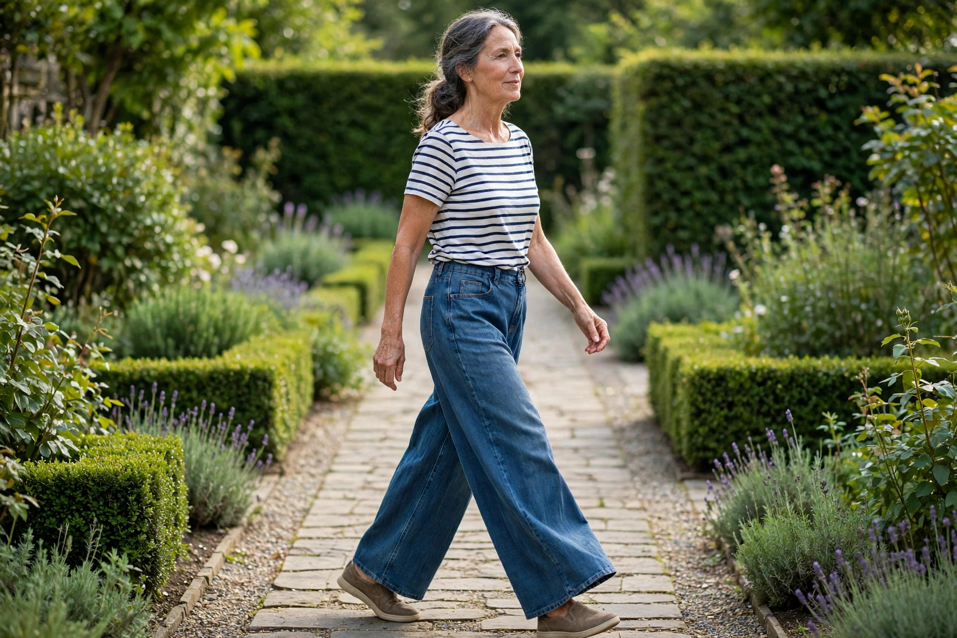 Woman walking comfortably in wide leg jeans on a garden path