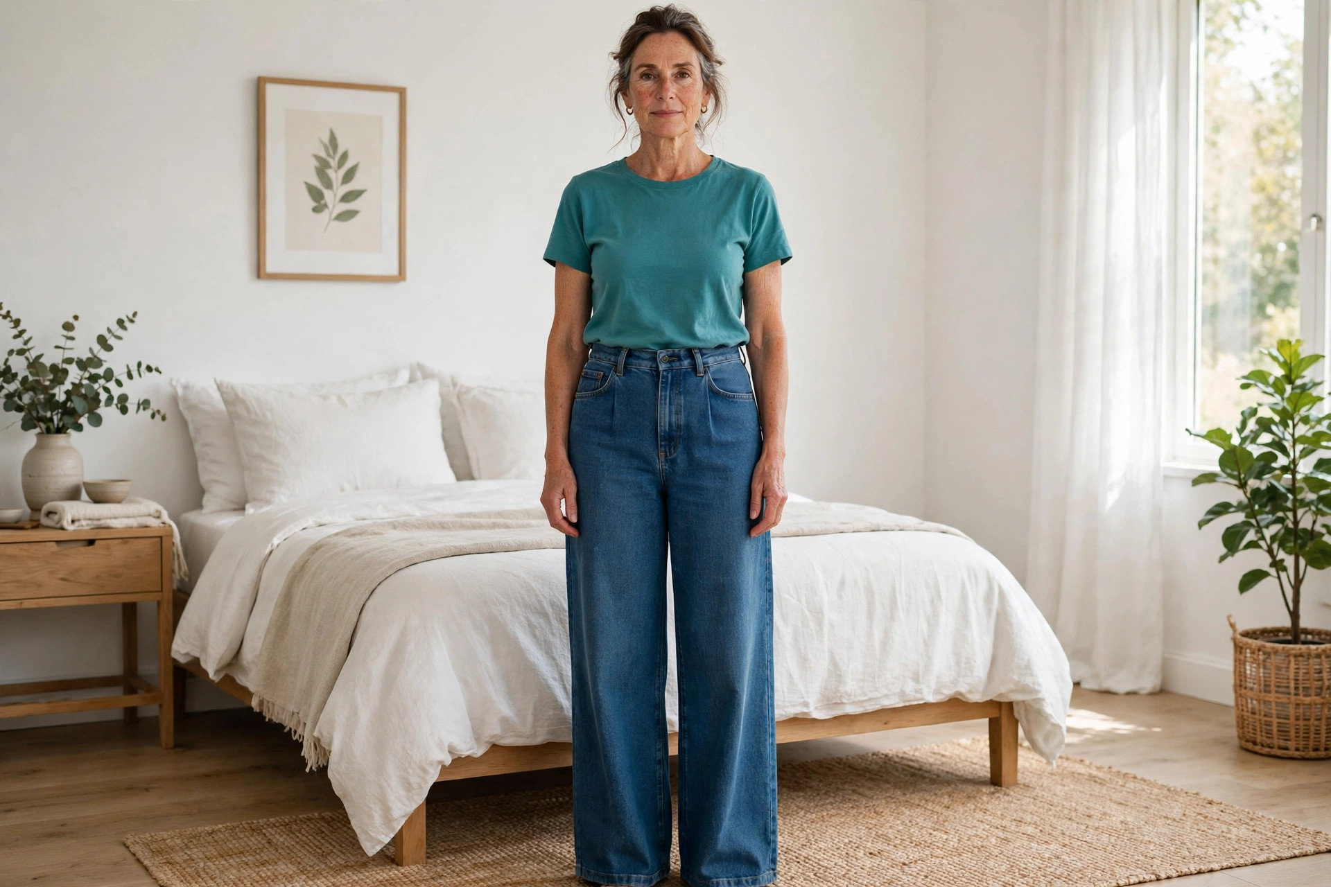 Woman standing in firm wide leg jeans falling in one clean line with a teal top