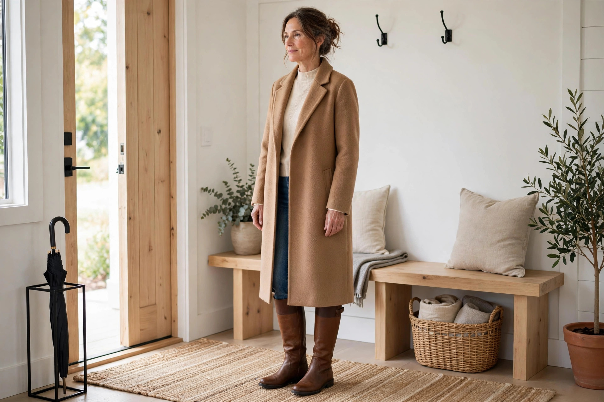 Woman in straight leg jeans tucked into tall brown boots with a long camel coat
