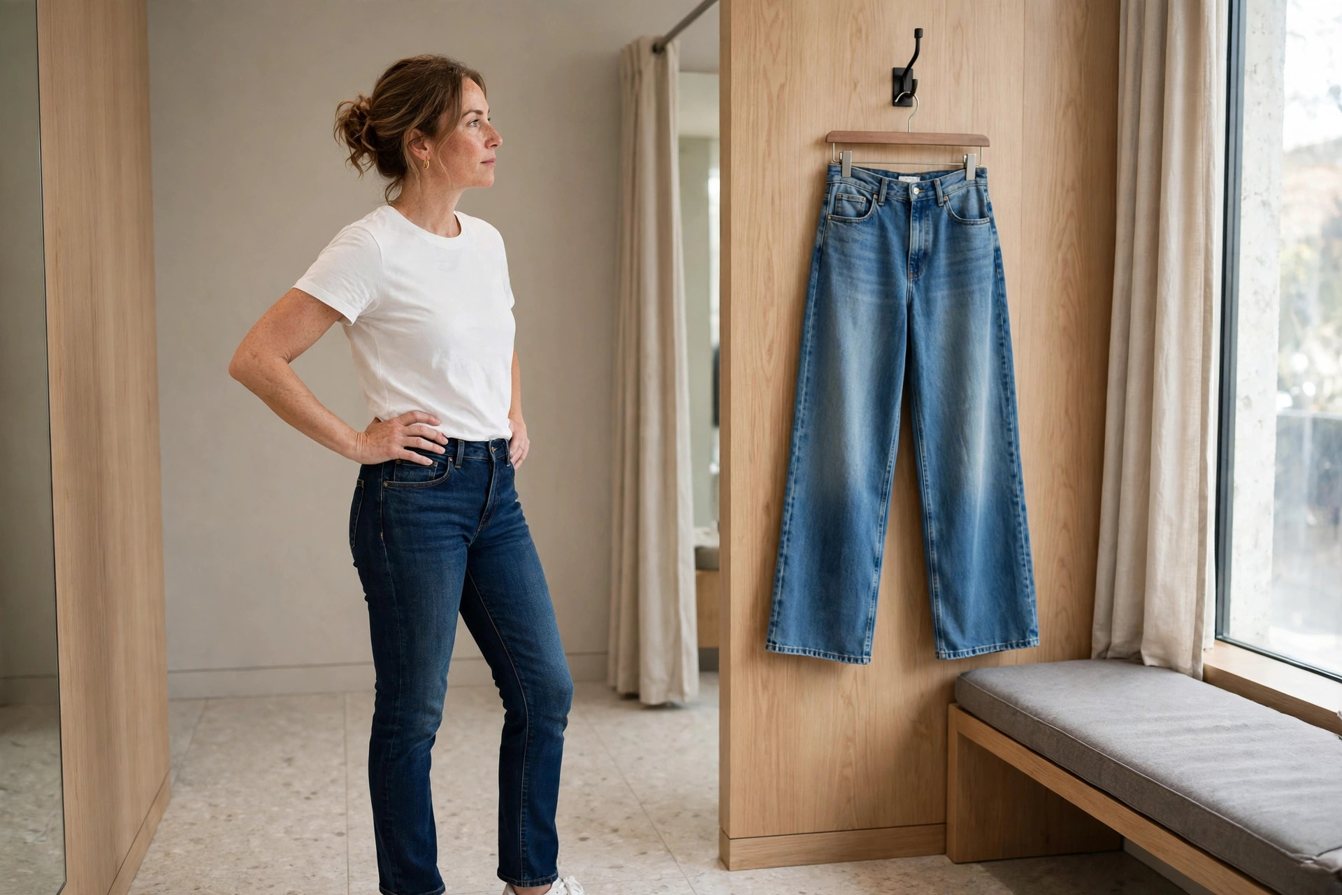 Woman trying straight leg jeans in a fitting room with a wide leg pair hanging on the hook