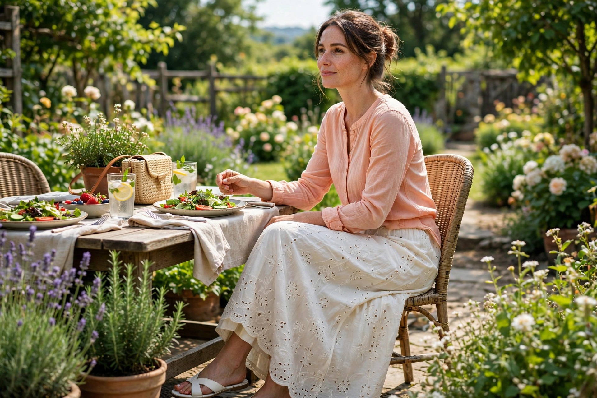 Woman wearing an ivory eyelet maxi skirt with a peach long sleeve cotton top at a garden lunch table