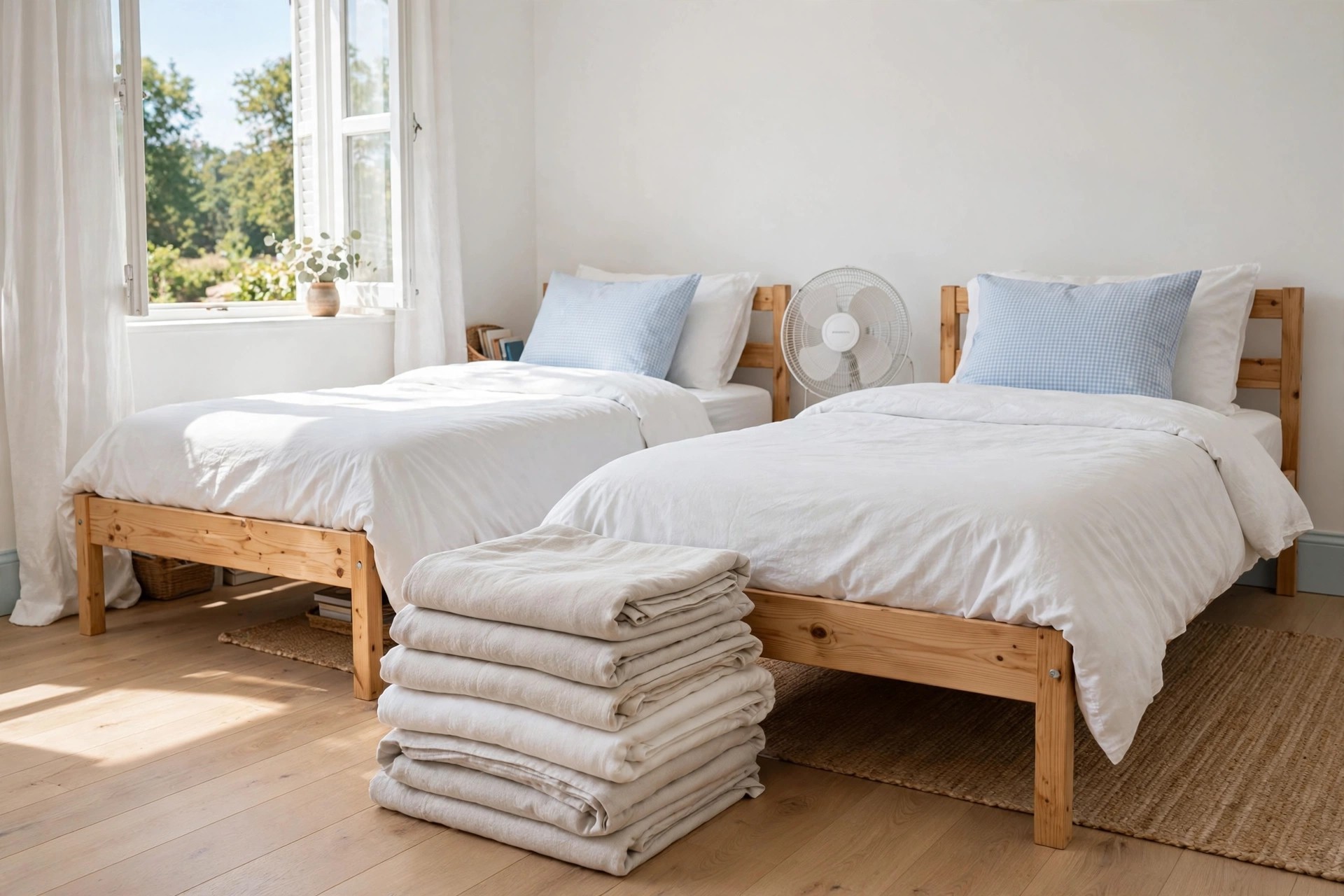 Stack of folded light cotton blankets at the foot of two made beds, with a small fan between the headboards