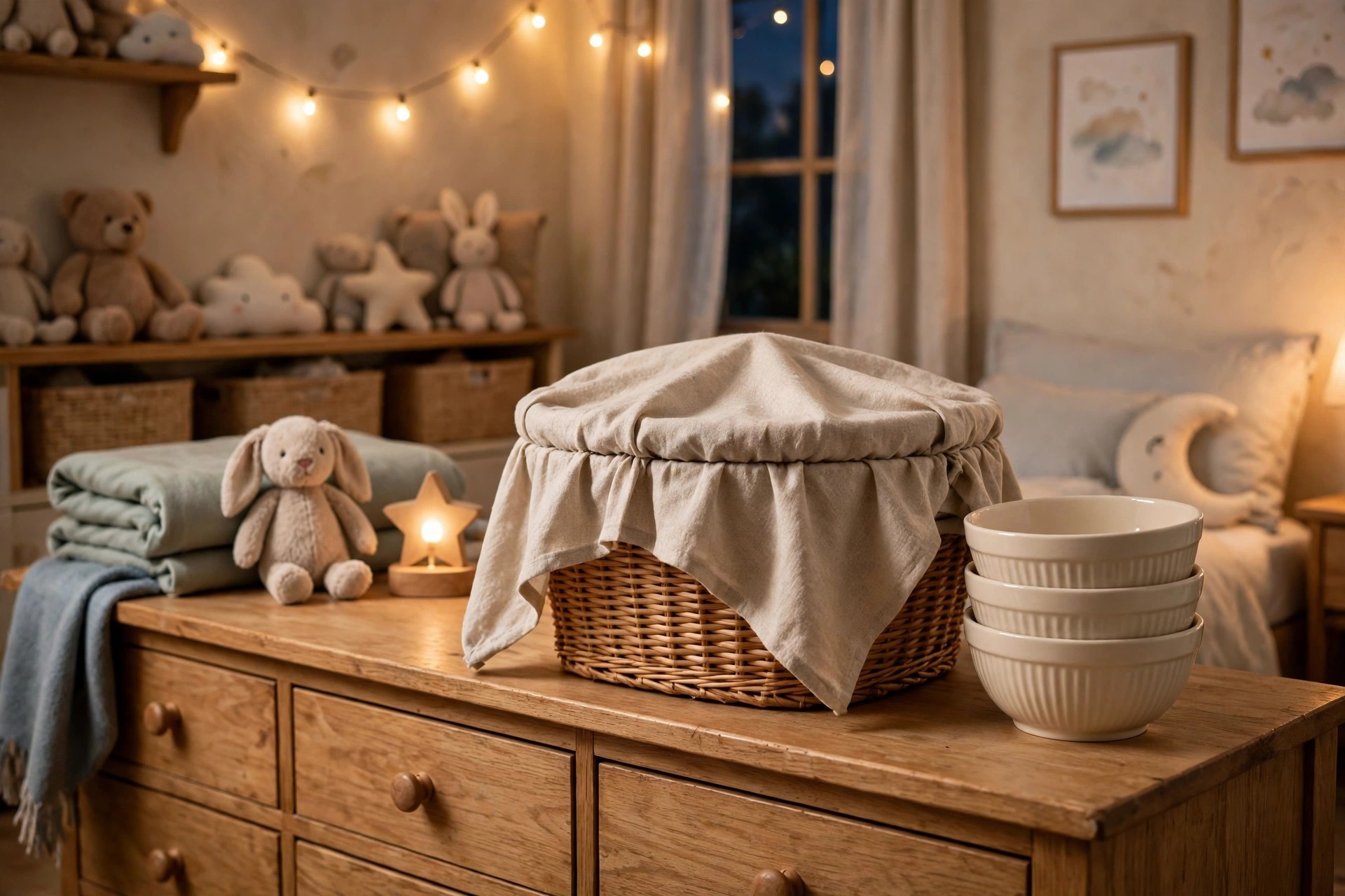 Covered snack basket and stacked bowls on a dresser away from the beds, with a small star light and folded blankets nearby