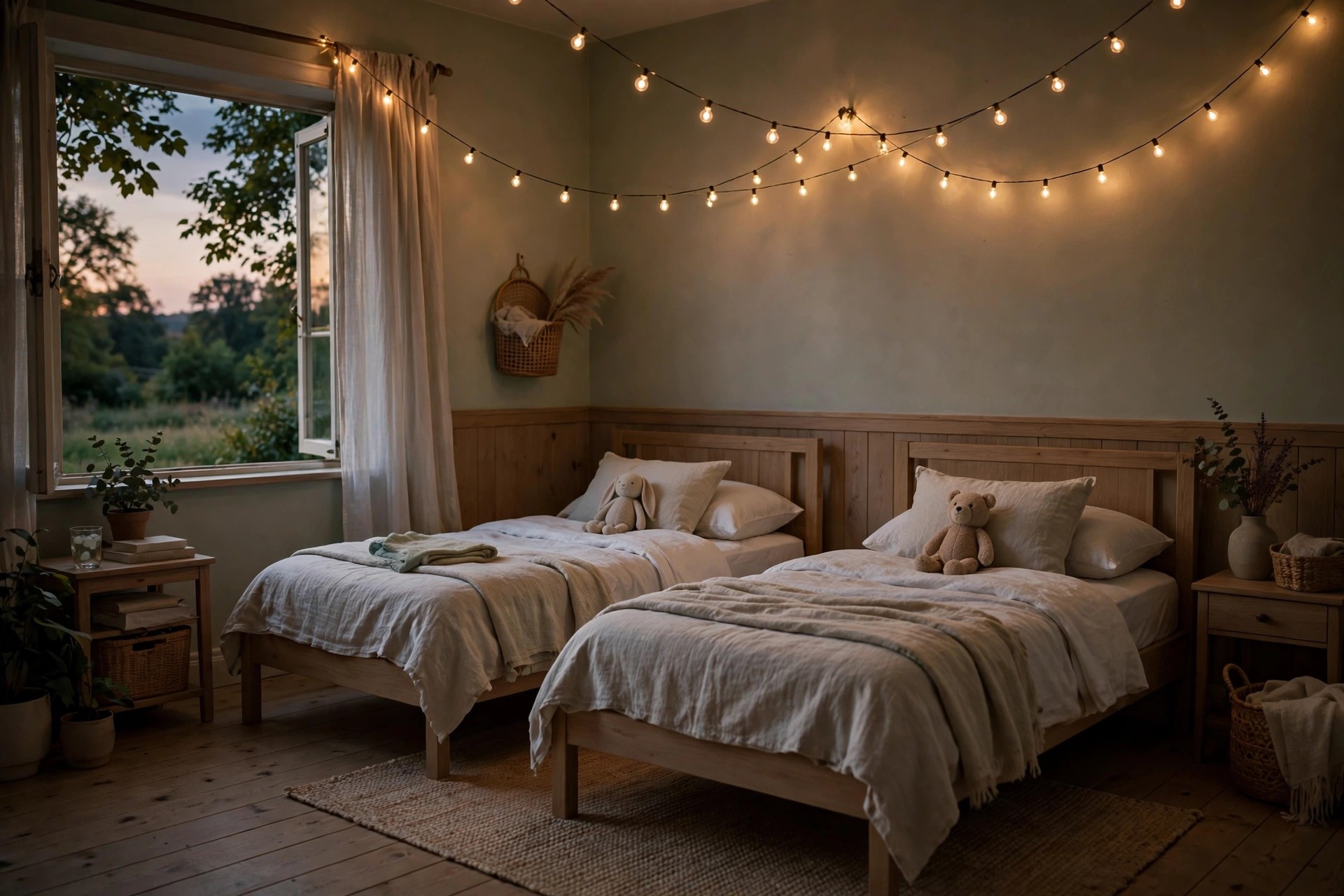 Warm string lights strung above two made kids beds in a dim cozy room at dusk