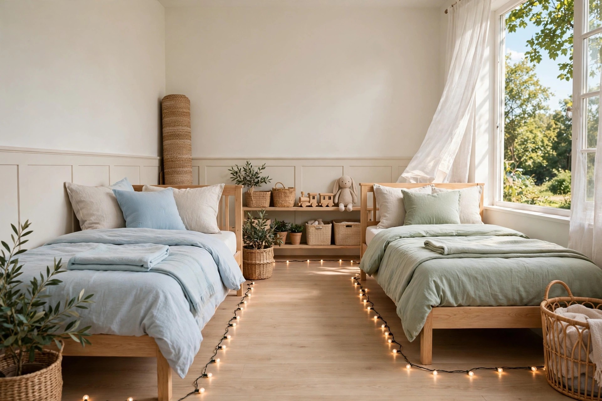 Clear open floor path between two made beds with a rug rolled against the wall and string lights along the edge