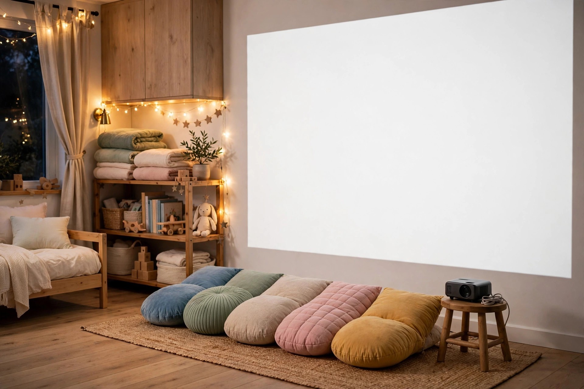 Movie corner with floor cushions facing a blank projection wall and a projector on a small stool