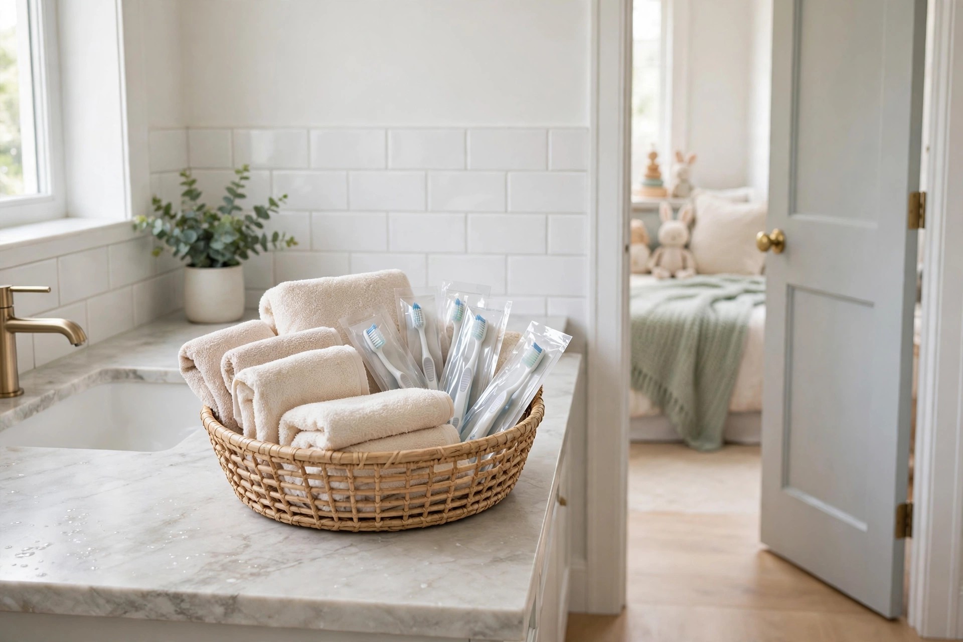 Basket of folded guest towels and spare toothbrushes on a bathroom counter with a kids bedroom through the door