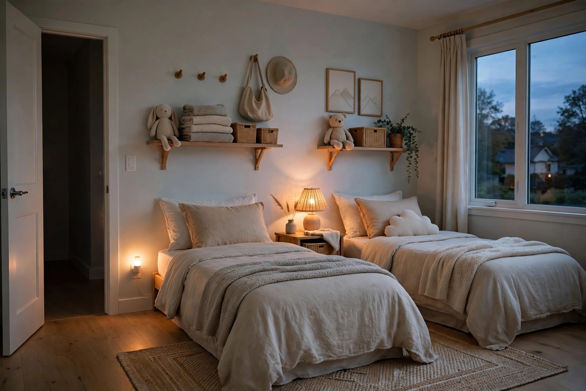 Two made beds at dusk with a warm table lamp and a plug in night light glowing by the open door