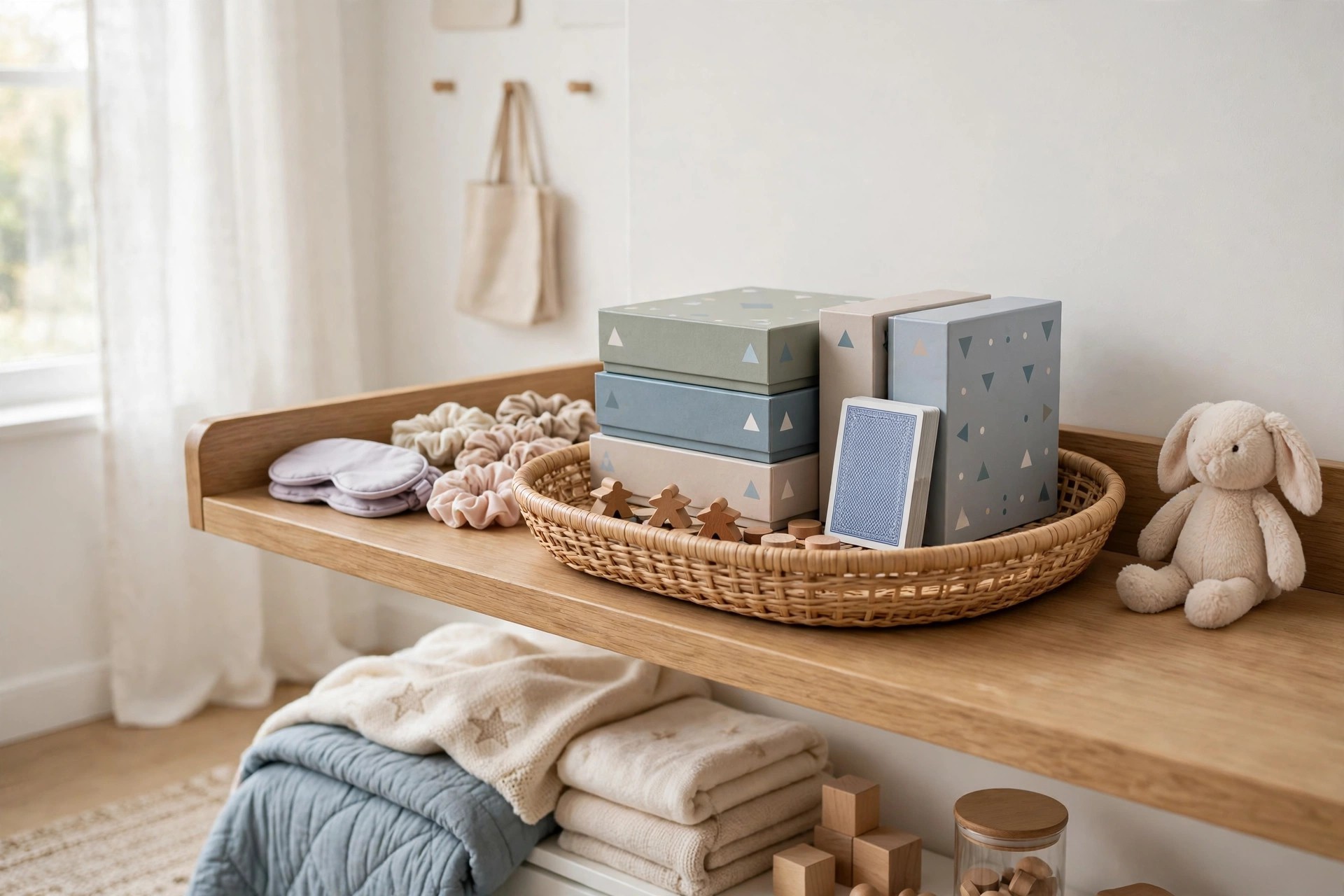 Shallow basket with board game boxes, wooden game pieces and a deck of cards on a bedroom shelf