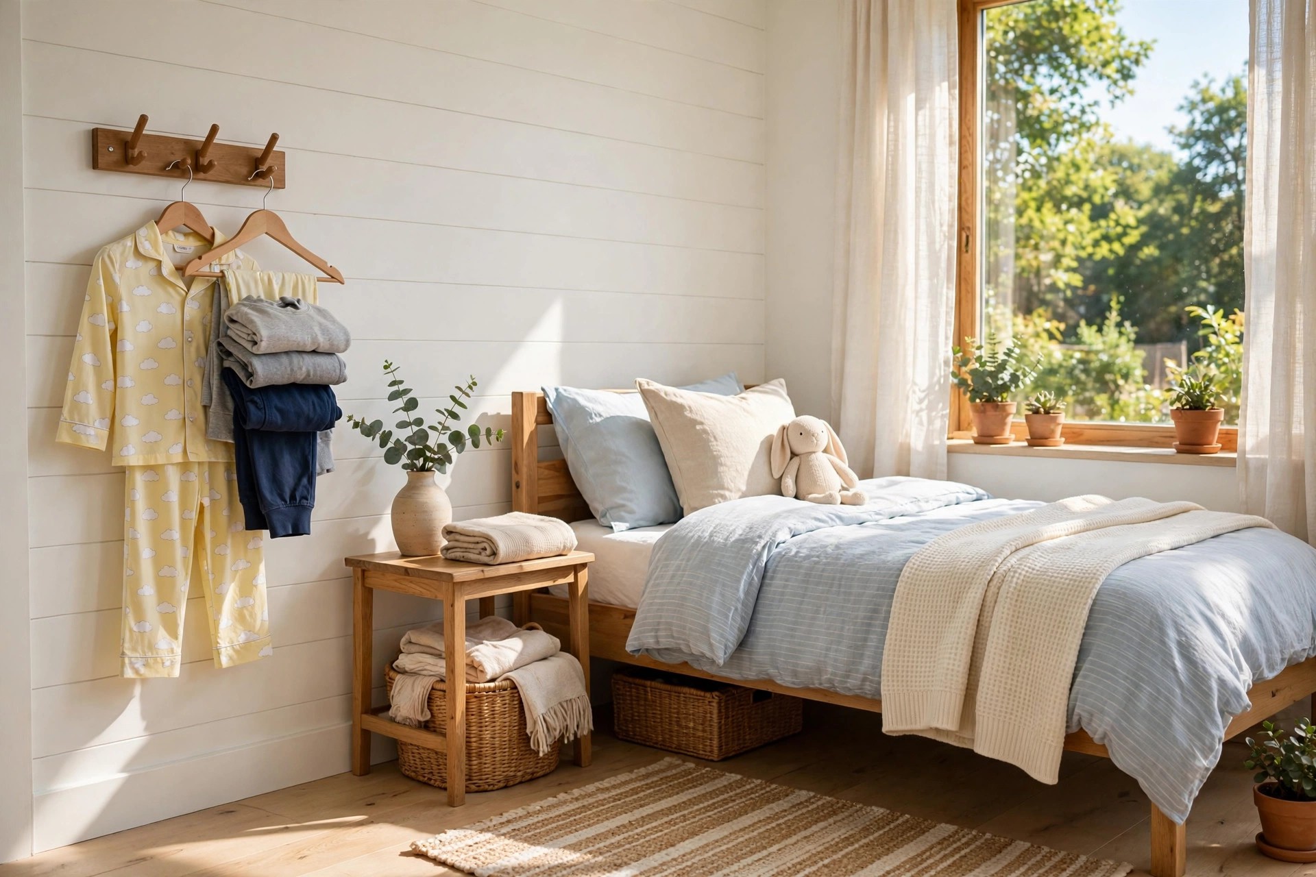 Guest pajamas and a folded change of clothes hanging on wall hooks beside a made kids bed